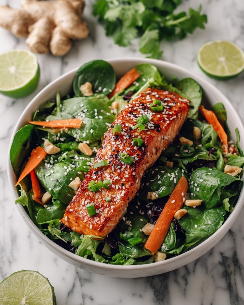 A white bowl sits on a white marbled surface filled with fresh salad greens as the base layer, showing various leafy textures and shades of green. Long, thin orange carrot slices are spread across the greens, adding bright color and smooth texture. A seared piece of salmon, golden brown with grill marks and sprinkled with small white sesame seeds and chopped green onions, rests in the center on top of the salad. Small chunks of nuts are scattered over the salad as the final layer. In the background, slices of lime and a piece of ginger root are visible. Photo taken with an iphone --ar 4:5 --v 7