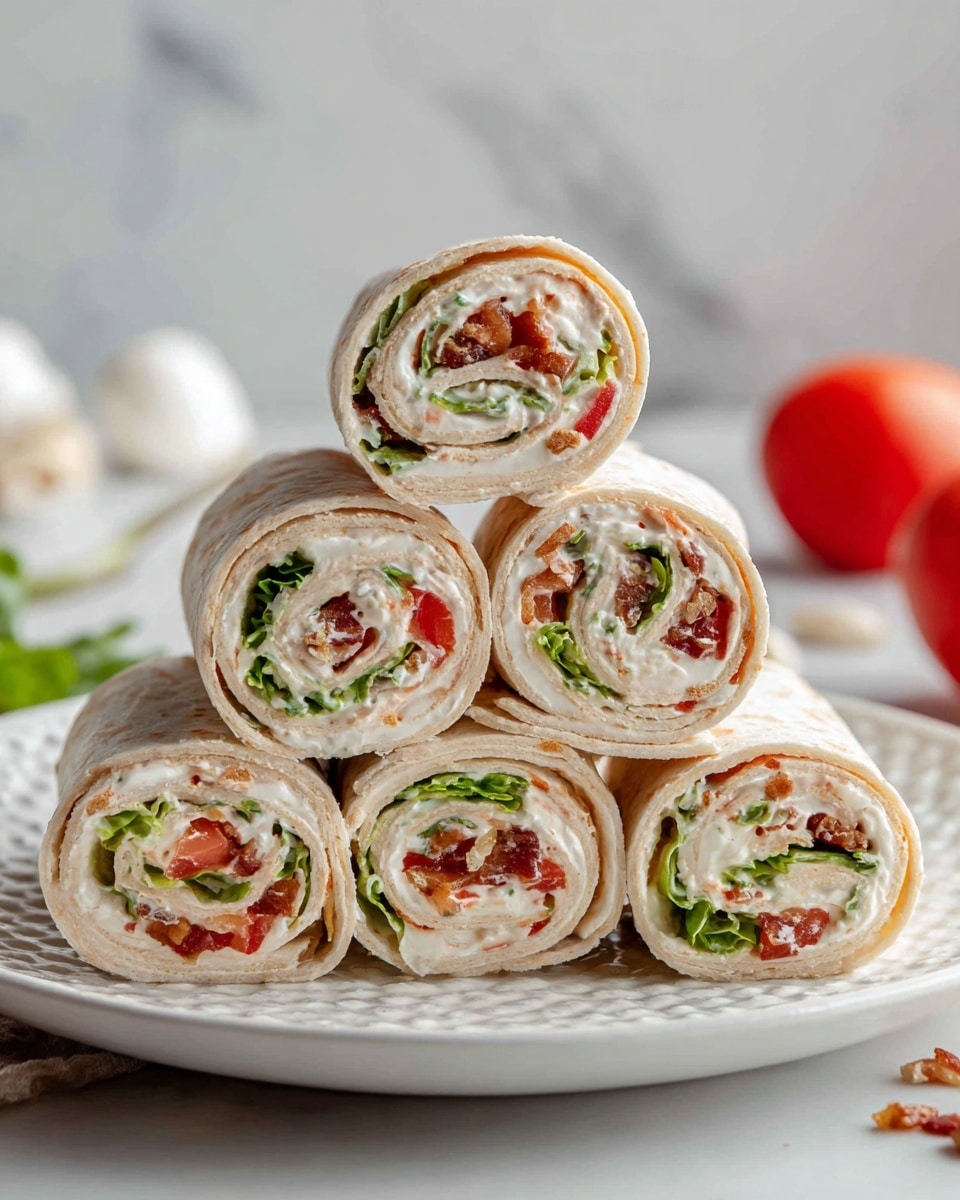 The image shows a stack of six rolled tortilla pinwheels placed on a white plate with a textured pattern. Each pinwheel has three visible layers: an outer pale beige tortilla, a middle creamy white layer of spread, and an inner filling with small pieces of green leafy lettuce and red tomato bits, plus some tiny brown bits that look like bacon or nuts. The pinwheels are cut into equal-sized pieces and stacked neatly in a pyramid shape. The scene is set on a white marbled surface with a blurred red tomato and white objects in the background. photo taken with an iphone --ar 4:5 --v 7