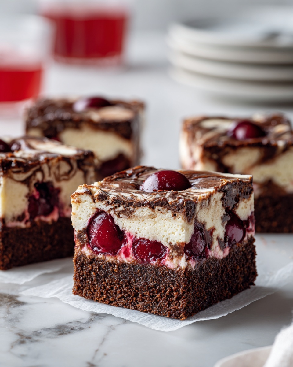 The image shows a close-up of a sliced square dessert with three layers. The bottom layer is a thick, dark brown chocolate cake with a crumbly texture. The middle layer consists of bright red cherry filling that looks juicy and shiny, with whole cherries visible. The top layer has a creamy white swirl mixed with the chocolate batter, creating a marbled pattern with light brown and white colors. The dessert rests on white parchment paper on a white marbled surface. Part of a woman's hand is just touching a slice on the right side. In the background, there are blurred white plates stacked and some red drink in a glass. Photo taken with an iphone --ar 4:5 --v 7