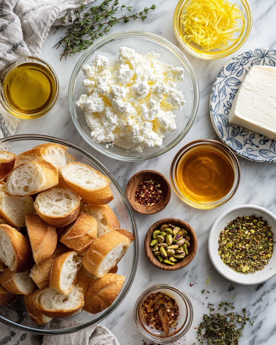A clear bowl sits in the center filled with sliced baguette pieces, light brown on the crust and soft white inside, arranged loosely in layers. Around it, small white bowls hold different ingredients: one with crumbly, soft ricotta cheese showing a lumpy white texture, another with a neat wedge of smooth cream cheese on a white plate with a blue pattern, and a small bowl of bright yellow lemon zest. Nearby are small wooden and glass dishes containing green chopped pistachios, coarse flaky salt, mixed salt and pepper, chili flakes, and fresh thyme leaves. Two clear bowls hold golden olive oil and amber honey, with a small white bowl of light apple cider vinegar. The whole setup rests on a white marbled surface with a lightly wrinkled gray and white striped cloth to the side. Photo taken with an iphone --ar 4:5 --v 7