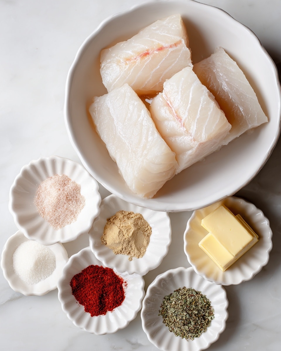 The image shows a white bowl at the top containing three pieces of raw white cod fillets with a slight sheen and a faint pinkish line running through the middle. Below it, there are two small white scalloped dishes on a white marbled surface. The left dish has six piles of spices neatly arranged: white garlic powder, pale brown sugar, pink salt, beige onion powder, bright red smoked paprika, and another pile of sugar. The right dish holds two small yellow pats of butter, a small heap of green dried oregano, a pinch of coarse black pepper, and a small amount of dark red cayenne powder. Photo taken with an iphone --ar 4:5 --v 7