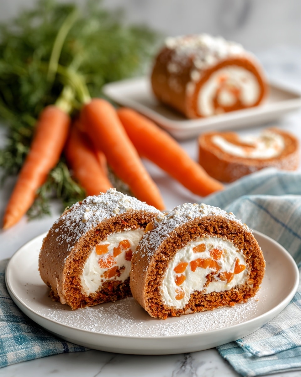 Two slices of a carrot cake roll are placed in the middle of a white round plate. The roll has an outer orange-brown layer with visible bits of carrot and a swirled white creamy filling inside. The edges of the roll are softly dusted with powdered sugar. In the background, there is a bunch of fresh orange carrots with green tops resting on a white marbled surface, and more slices of the carrot roll are on a white square plate on a blue and white cloth. The photo taken with an iphone --ar 4:5 --v 7