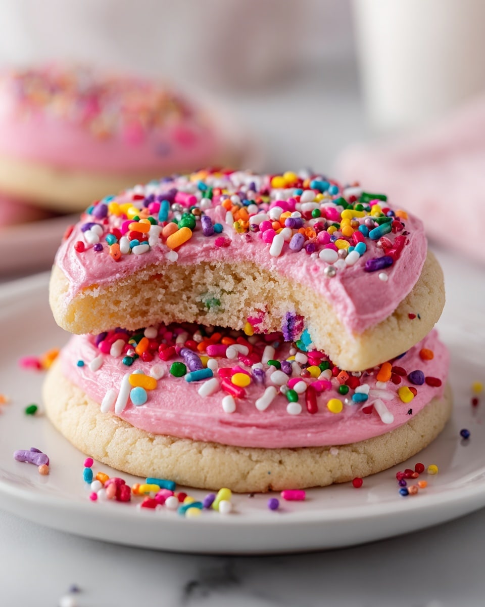 This image shows two round cookies stacked on a white plate with a white marbled surface in the background. The cookie on the bottom has a flat, smooth pink frosting layer with colorful sprinkles scattered on top, including red, yellow, green, blue, purple, orange, and white. The second cookie on top has a thick pink frosting layer with the same colorful sprinkles, and a visible bite taken out of it, showing a soft, light beige cookie inside with a slightly crumbly texture. The overall look is bright and festive, with a soft focus on the background. photo taken with an iphone --ar 4:5 --v 7