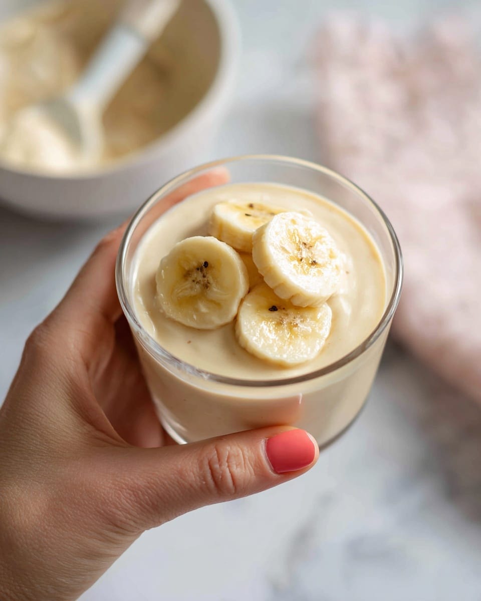 A woman's hand with light skin and nails painted coral holds a small clear glass cup filled with a creamy, light beige mixture topped with three slices of banana that are pale yellow with soft brown spots. In the blurred background, there is a white bowl with a white spatula showing some of the same creamy mixture, all set on a white marbled surface. The overall look is fresh and clean with soft lighting. photo taken with an iphone --ar 4:5 --v 7