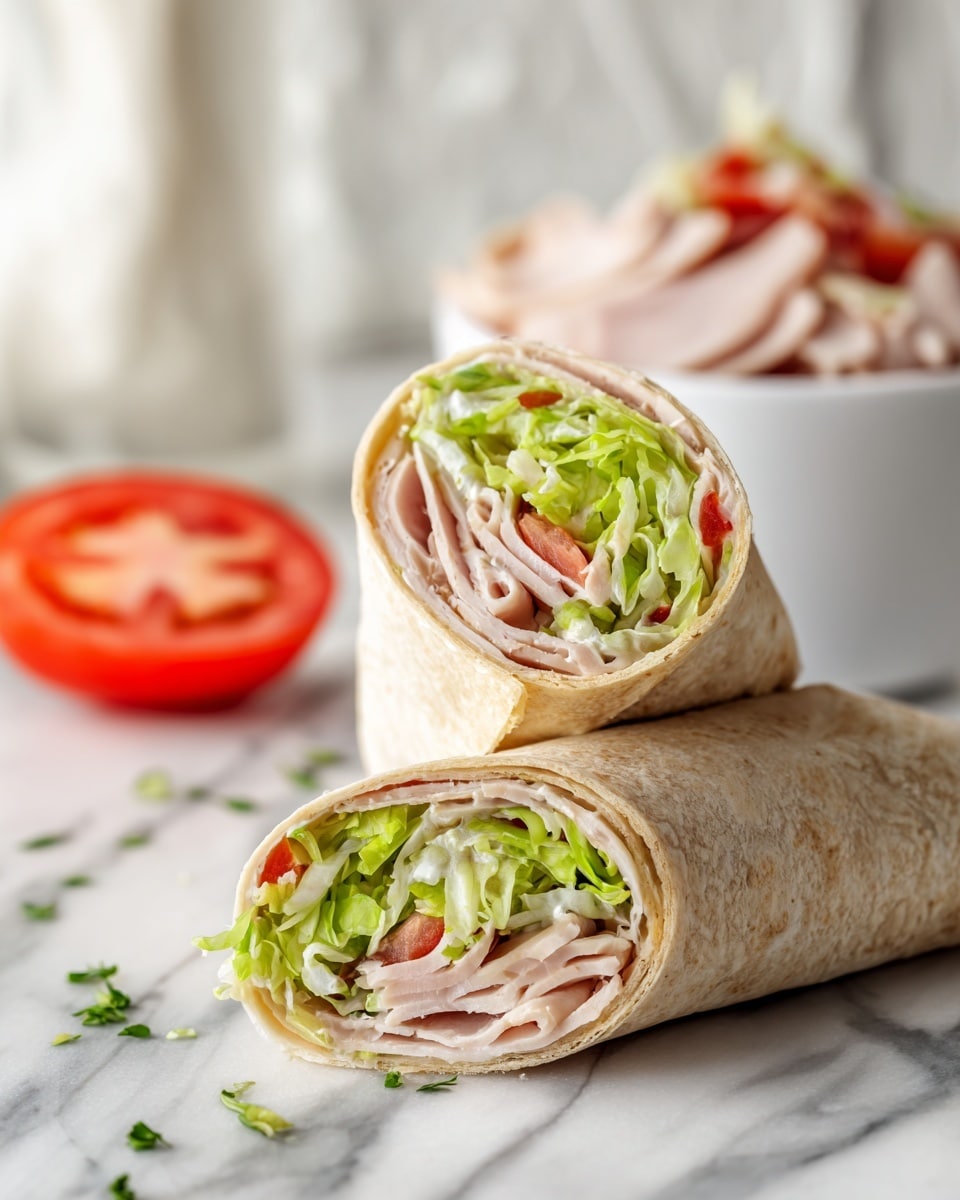 Two halves of a wrap lie on a white marbled surface, one half standing upright showing layers of fresh ingredients inside. The outer layer is a light beige soft tortilla wrap with slight texture. Inside, the layers include pale pink slices of turkey, light green shredded lettuce, small diced red tomato pieces, and bits of white onion mixed with green herbs. In the background, there is a white bowl filled with more turkey slices and a slice of tomato placed on the white marbled surface. A few small pieces of turkey are scattered near the wrap. photo taken with an iphone --ar 4:5 --v 7