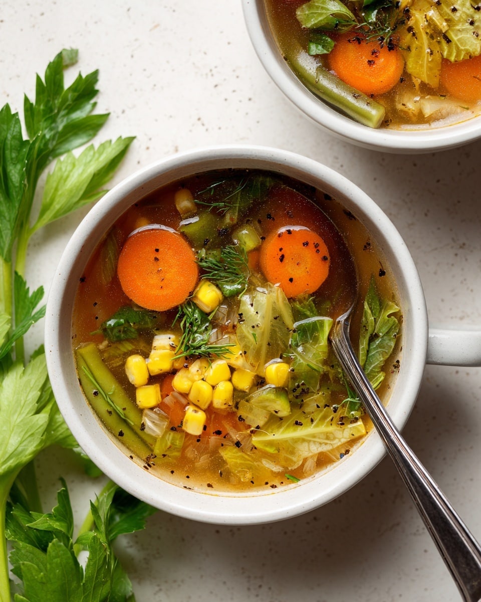 A white ceramic cup filled with clear vegetable soup showing layers of ingredients; at the top layer, orange carrot slices and bright yellow corn kernels add vibrant color, scattered with fresh chopped green herbs; beneath, light green cabbage pieces and green beans provide texture and shape, all submerged in a warm, light brown broth with visible black pepper specks; next to the cup, fresh green celery leaves are placed on a wooden table, adding a natural touch; a spoon rests inside a second white ceramic cup filled with the same soup, partially visible in the top right corner, with all items set on a white marbled textured surface photo taken with an iphone --ar 4:5 --v 7