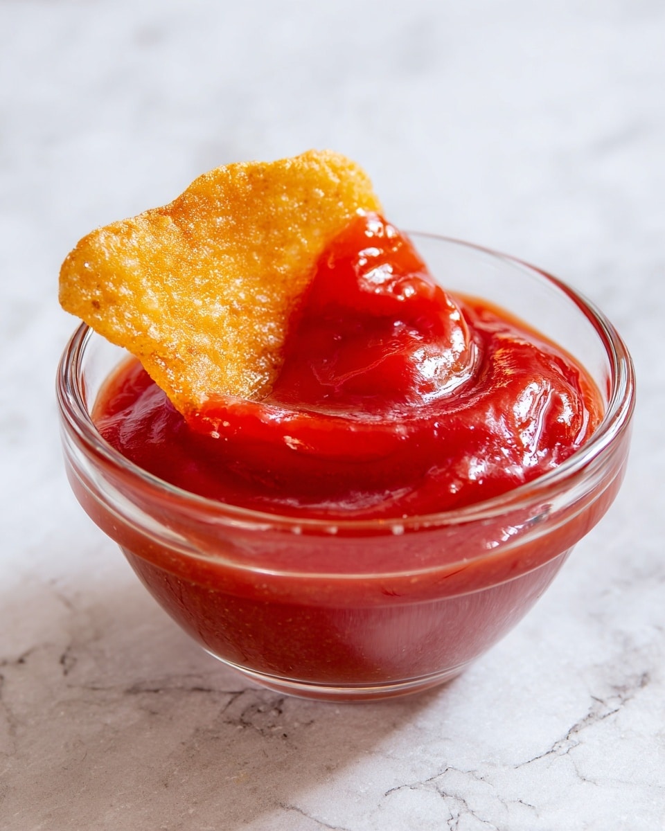 A close-up image shows a clear glass bowl filled with bright red ketchup, smooth and glossy in texture. A single crispy light golden-colored fried chip with a bubbly texture is dipped halfway into the ketchup, with some ketchup dripping off the edge. The background and surface have a white marbled texture, adding a clean and simple look to the image. photo taken with an iphone --ar 4:5 --v 7