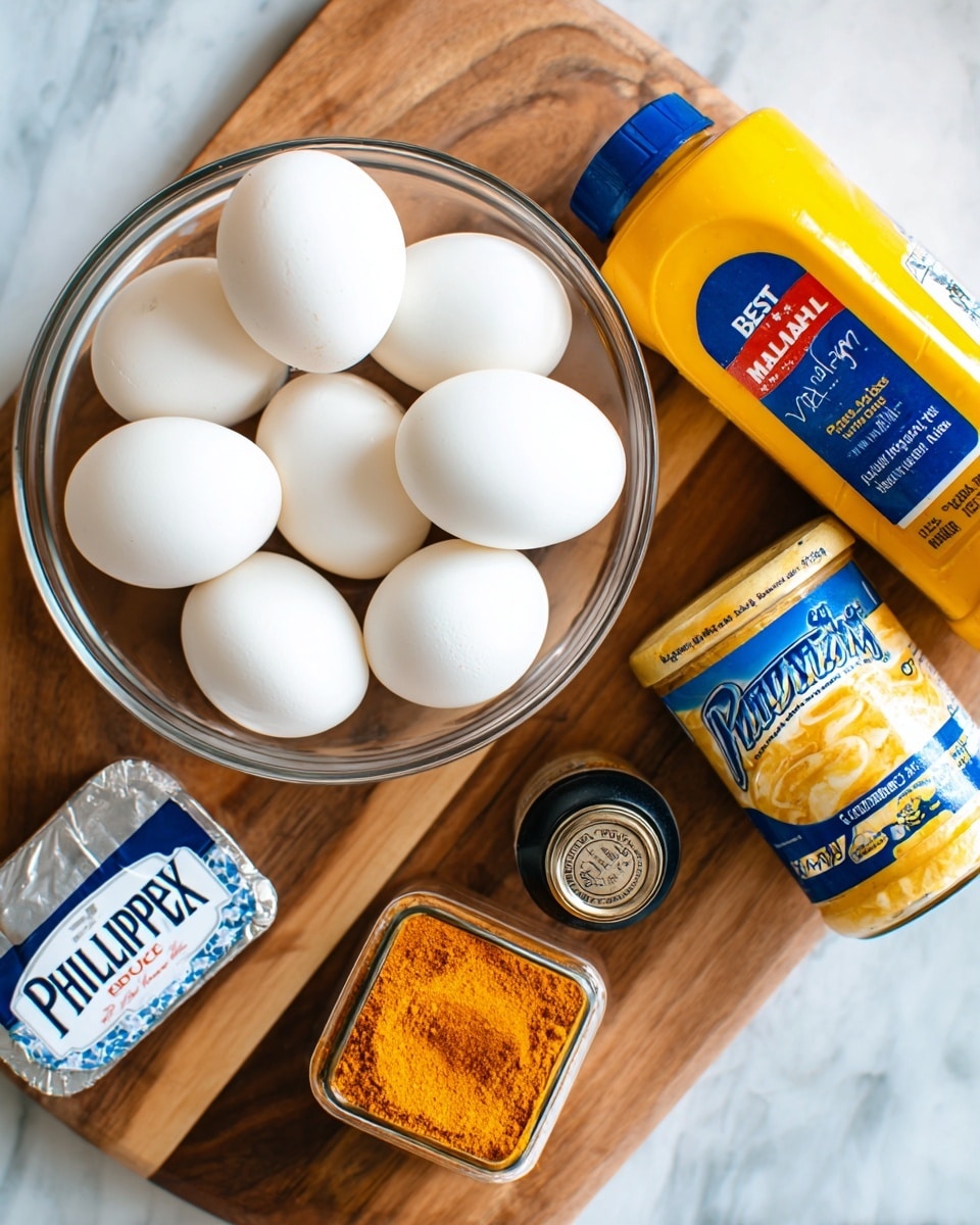 The image shows a top-down view of a clear glass bowl filled with ten smooth, shiny, white peeled eggs placed on a wooden board. To the right of the bowl is a large yellow mustard bottle with a blue and red label. Below the eggs are four items: a small square glass jar filled with orange paprika powder and a black lid, a silver wrapper of Philadelphia cream cheese with blue text, and a jar of Best Foods Real Mayonnaise with a blue lid and a yellow label with white and black text. The background is a white marbled texture photo taken with an iphone --ar 4:5 --v 7
