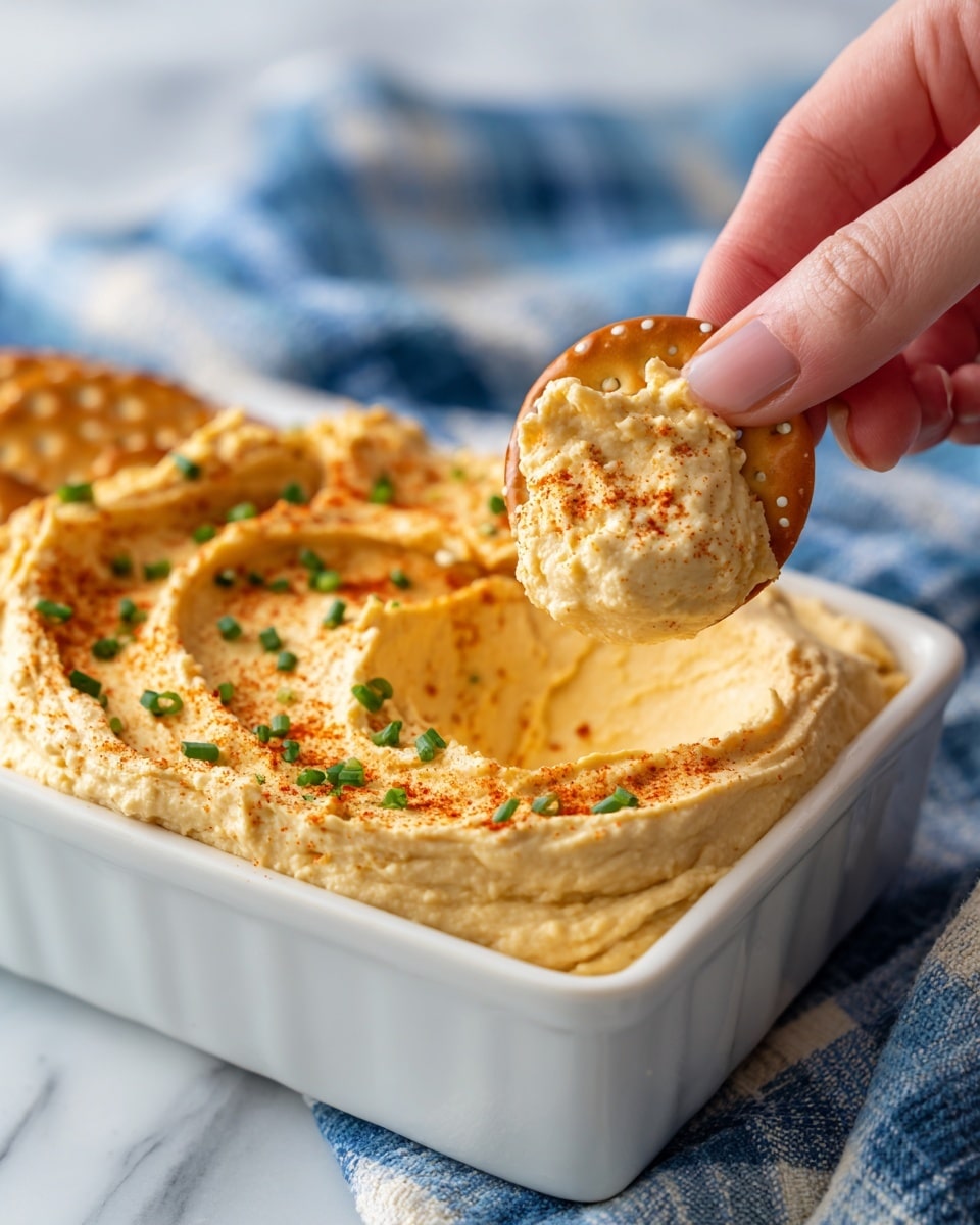 A close-up image shows a woman's hand holding a small round pretzel cracker with a thick scoop of creamy, pale yellow hummus on top. The hummus has a smooth, slightly whipped texture and is sprinkled with small green chive pieces and a light dusting of reddish-orange paprika. Below, a white rectangular dish is filled with the same hummus, spread evenly except for a scooped-out portion near the front, revealing its soft and creamy interior. The background is a white marbled surface with a blurred blue plaid cloth visible at the side. photo taken with an iphone --ar 4:5 --v 7