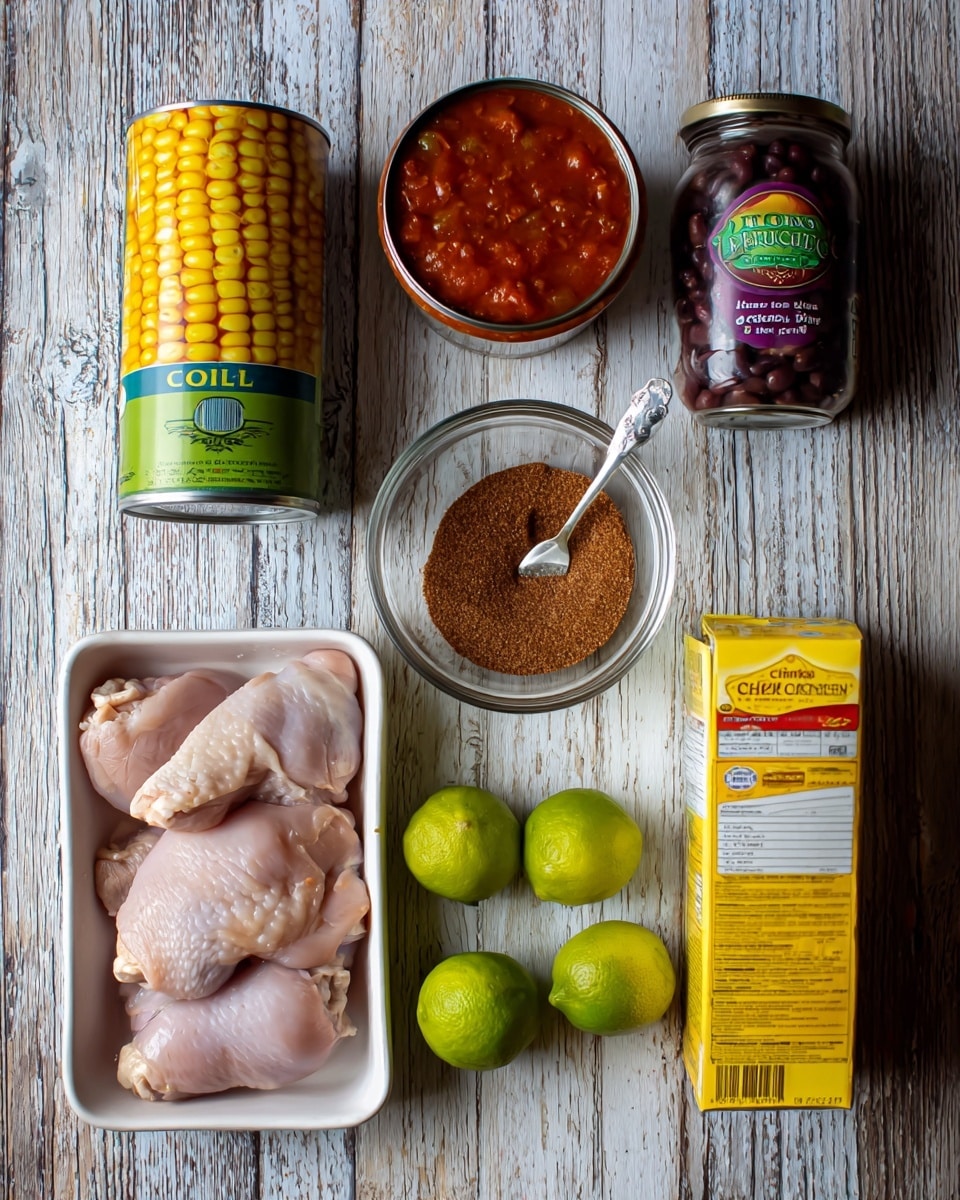 The image shows a top view of cooking ingredients placed on a rustic wooden table with a white marbled texture. There are three cans at the top: a green and yellow can of corn on the left, a jar of red salsa with a green label in the middle, and a purple and white can of black beans on the right. Below them, there is a small clear bowl filled with brown taco seasoning with a small silver spoon inside, and two whole bright green limes placed side by side next to each other. At the bottom left, there is a white tray holding three raw chicken pieces that are pale pink in color. On the bottom right, a yellow and white carton of chicken broth is placed upright. photo taken with an iphone --ar 4:5 --v 7