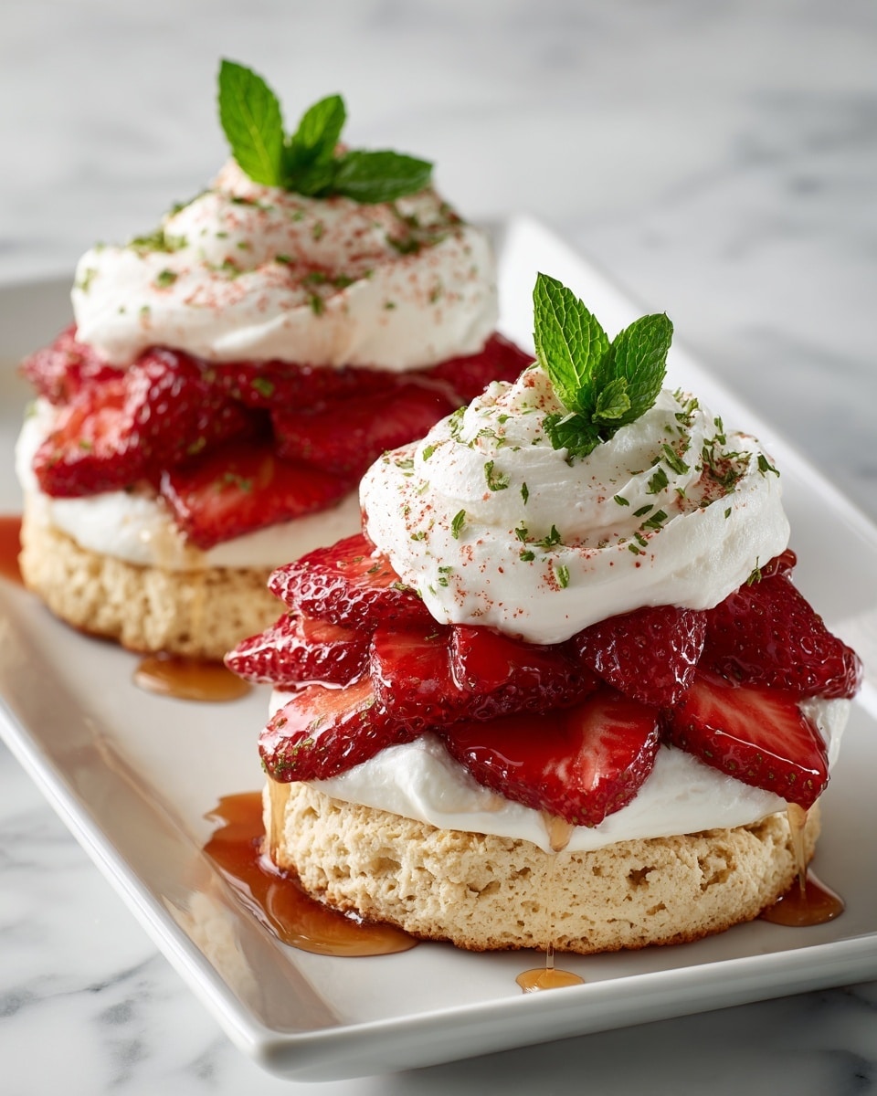 The image shows two strawberry shortcakes on a white rectangular plate placed on a white marbled surface. Each shortcake has three main layers: a thick, golden-brown biscuit base with a slightly rough texture, a middle layer of smooth white cream, and a top layer of bright red strawberry slices arranged to cover the cream fully. On top of the strawberries is another dollop of fluffy white cream sprinkled with fine green herb bits and a light drizzle of reddish-brown syrup. A small, fresh green mint leaf sits on each top cream layer, adding a fresh touch. Some syrup drips down from the shortcakes onto the plate. photo taken with an iphone --ar 4:5 --v 7