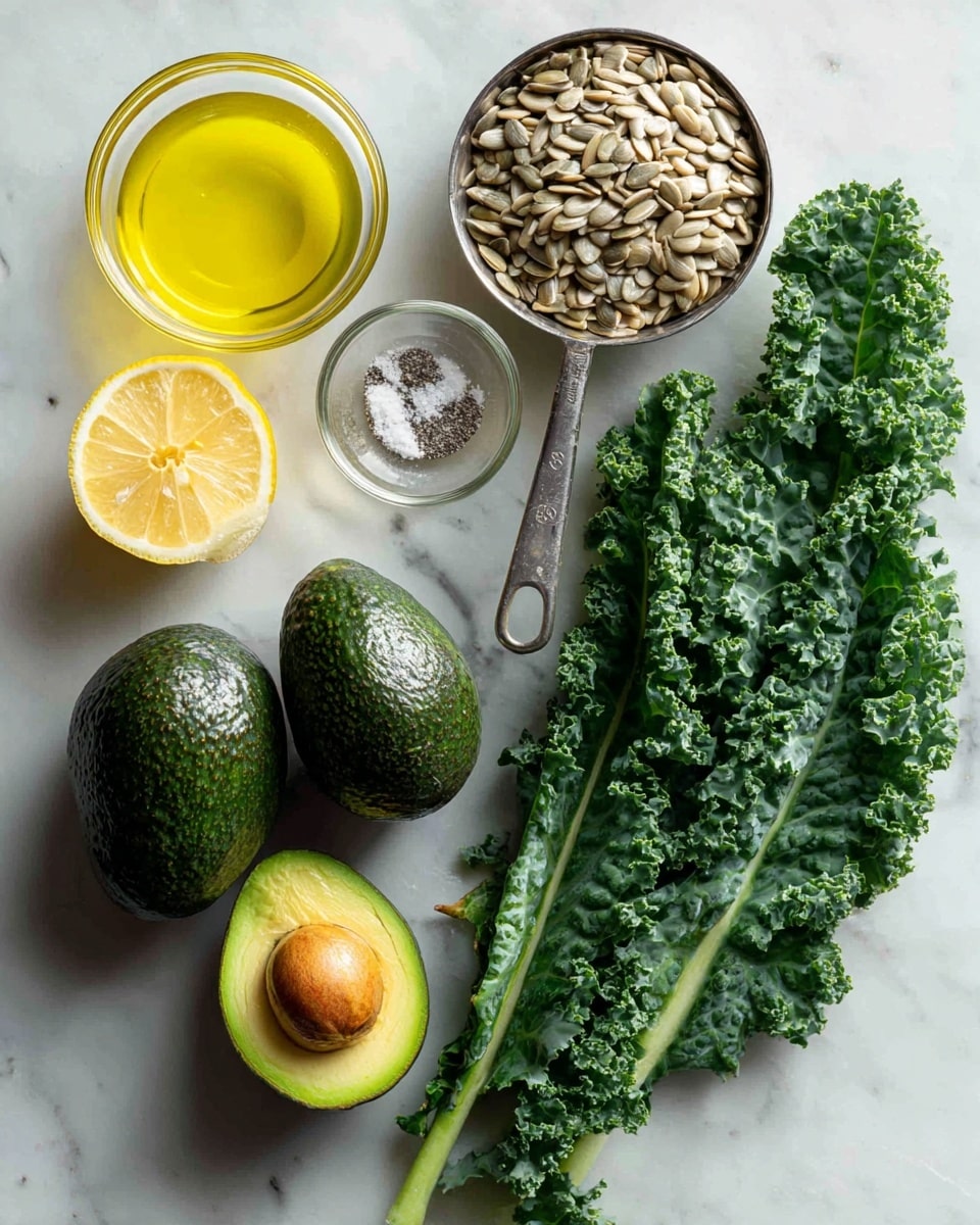 On a white marbled surface, there are fresh dark green kale leaves with curly textures placed on the right side touching the bottom, two whole dark green avocados with bumpy skin positioned near the center, and a metal measuring cup filled with light brown sunflower seeds at the top right. On the left side, there are small clear glass bowls containing pale yellow oil, clear lemon juice, light yellow Dijon mustard, and a metal measuring spoon with white salt, all neatly arranged in a vertical line. Each item is clearly visible with natural lighting, showing detailed textures and colors. photo taken with an iphone --ar 4:5 --v 7