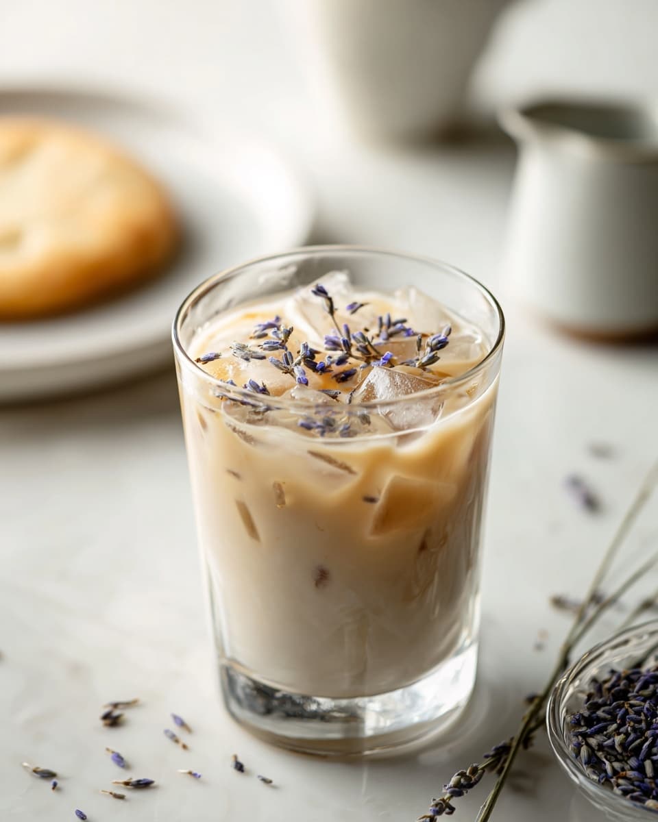 A clear glass filled with a creamy light beige iced drink that has ice cubes floating on top, sprinkled with small dried lavender flowers. The glass sits on a white marbled surface. Behind the drink, there is a round pale flatbread on a white plate, slightly out of focus, as well as a small white cup partially visible on the right and a clear dish with loose dried lavender in the lower right corner. The overall scene is softly lit with a calm, fresh atmosphere. photo taken with an iphone --ar 4:5 --v 7