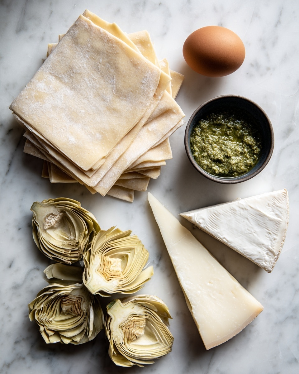 The image shows a white marbled surface with several food items arranged on it. At the top left, there are three folded sheets of light beige pastry dough stacked neatly. To the right of the dough, there is a whole brown egg. Below the egg, there is a small black bowl filled with a green, coarse-textured sauce. Near the center bottom, there are several slices of light yellow artichoke hearts with visible layers and soft texture. To the right, near the middle of the image, there is a triangular wedge of white cheese with a smooth rind. photo taken with an iphone --ar 4:5 --v 7