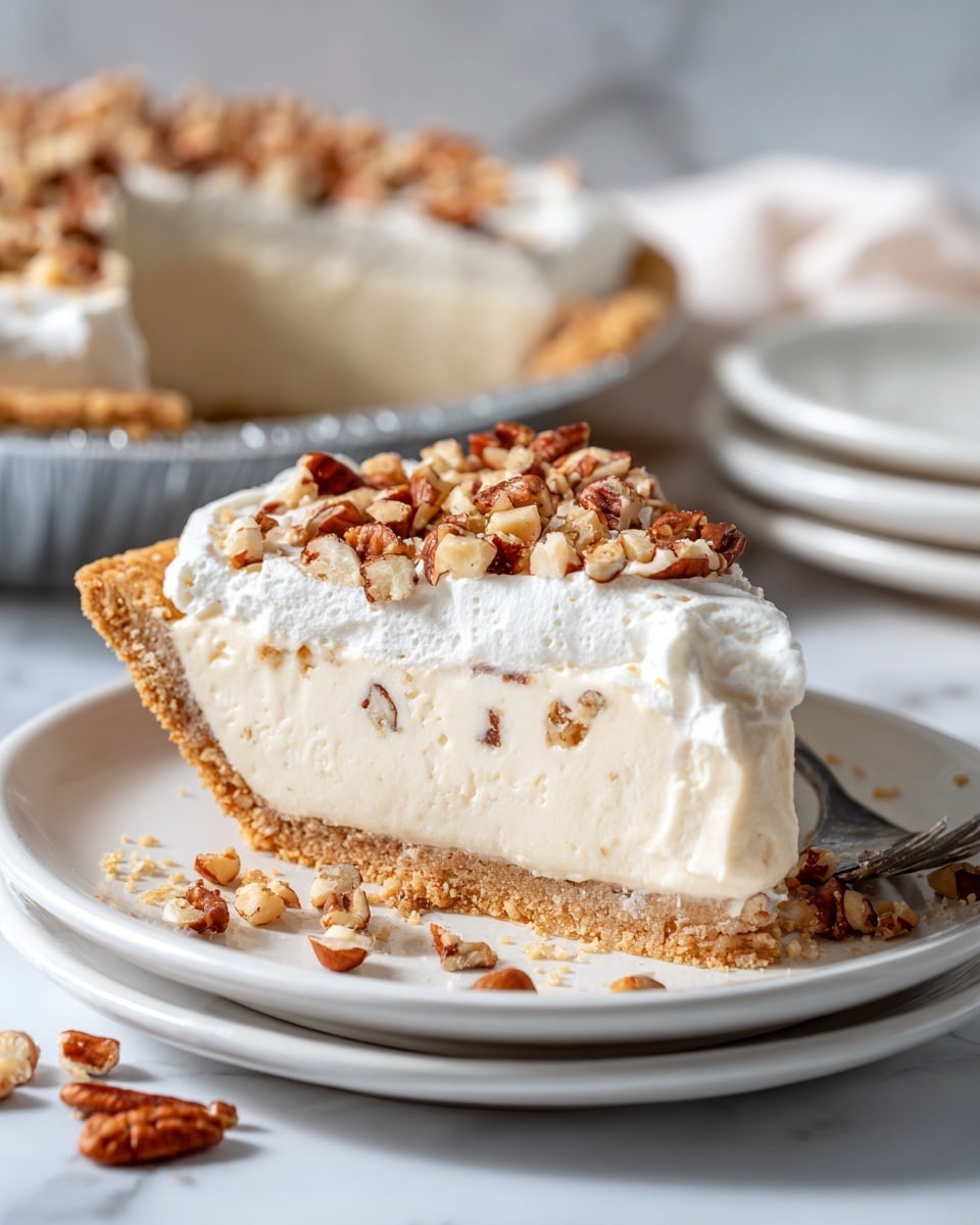 A slice of creamy white pie sits on a white plate with a thick base layer of light brown crust. Above the crust is a large creamy layer with a smooth texture, dotted with small nut pieces mixed inside. On top of this creamy layer is a thick, fluffy white topping, covered with chopped nuts scattered over it. Around the plate and in the background, more chopped nuts add detail, with part of the pie visible in an aluminum pan and stacked white plates blurred behind. The background and surface are a white marbled texture. photo taken with an iphone --ar 4:5 --v 7