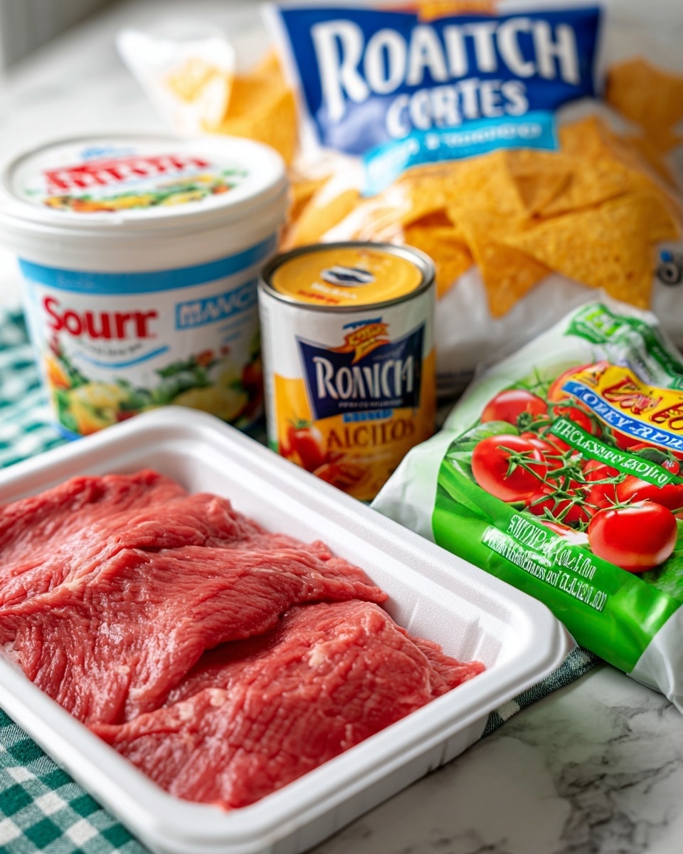 The image shows a collection of food items placed on a white marbled surface with a green checkered cloth underneath. In the foreground, there is a white foam tray of raw lean beef with a bright green label on the top right corner. Behind the beef, there is a white plastic container of sour cream with red and blue text. Next to the sour cream, there is a small can of mild diced tomatoes and green chilies with a colorful label featuring red tomatoes. Behind all these items, towards the back, there is a large, white bag of corn ranch flavored tortilla chips and a white package of Mexican style shredded cheese. All the items are arranged closely together, showing their packaging clearly. Photo taken with an iphone --ar 4:5 --v 7