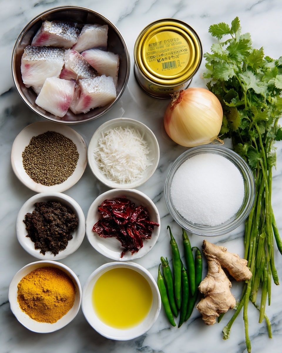 The image shows several small white bowls and a metal bowl arranged on a white marbled surface, each containing different ingredients. At the top left, a metal bowl holds slices of raw fish with light pink flesh and silver skin. To the right, there is a yellow can of tomato sauce next to a whole yellow onion. Below, a transparent bowl filled with white coconut milk is placed beside another bowl with white dried grated coconut. A small bowl of bright yellow cooking oil is on the left side. Fresh green chilies and green curry leaves lie on the right side with a bunch of fresh cilantro. Below, four small white bowls contain fresh ginger, whole garlic cloves, dark tamarind paste, and a mix of red chili powder, white salt, and yellow turmeric powder. A white plate on the left has coriander seeds, fenugreek seeds, cumin seeds, and mustard seeds evenly spaced on it. photo taken with an iphone --ar 4:5 --v 7