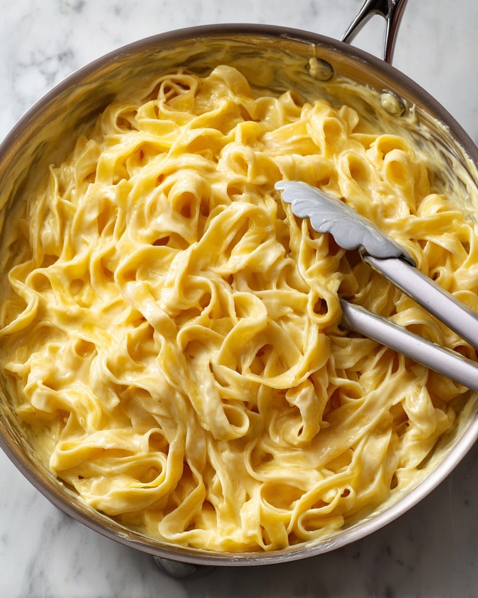 The image shows a close-up view of wide, flat fettuccine pasta coated in a thick, creamy pale yellow sauce inside a shiny silver frying pan. The pasta looks soft and smooth, with some pieces overlapping each other. Silver metal tongs with gray silicone tips are held inside the pan, gripping a small bunch of pasta. The overall texture of the sauce is smooth and rich, lightly covering every noodle with no visible extra toppings or garnishes. The background shows a white marbled texture. photo taken with an iphone --ar 4:5 --v 7