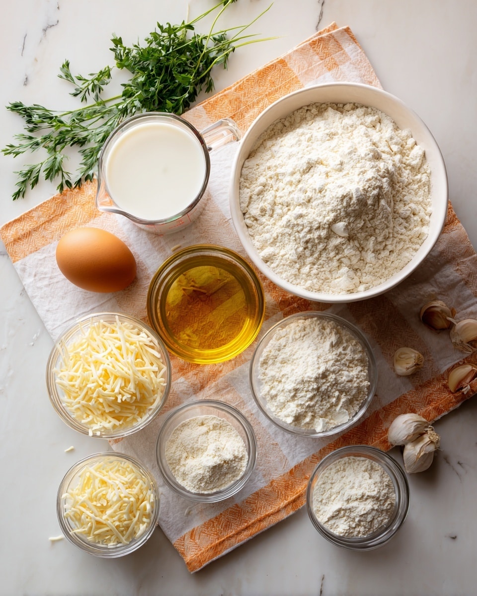 The image shows several ingredients arranged on a white marbled surface with a white and orange checkered cloth underneath. There is a large white bowl filled to the top with white flour placed at the back right. In front of it, slightly to the right side, there is a clear glass measuring cup filled with a white liquid, likely milk. To the left of the measuring cup, near the center, there is a small clear glass bowl filled with golden-yellow olive oil. Behind this bowl, an orange-brown egg and a whole head of garlic rest on the cloth. To the left side, there is a small clear bowl with shredded pale yellow cheese. Around the front edge, five small clear bowls hold various white and off-white powdered ingredients, arranged in a loose semi-circle. Fresh green herbs are scattered on the upper left corner of the white marbled surface. The overall scene is clean and neatly arranged. photo taken with an iphone --ar 4:5 --v 7