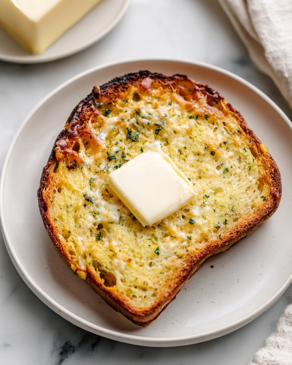 A single slice of golden brown herb bread with a slightly crispy crust showing melted cheese baked on the edges sits on a white plate. The bread's inside is light yellow, soft, and speckled with green herbs. On top of the bread, there is a square piece of pale cream butter resting in the center. The plate is placed on a white marbled surface with blurred background elements including a block of butter on another white plate and a cloth. Photo taken with an iphone --ar 4:5 --v 7