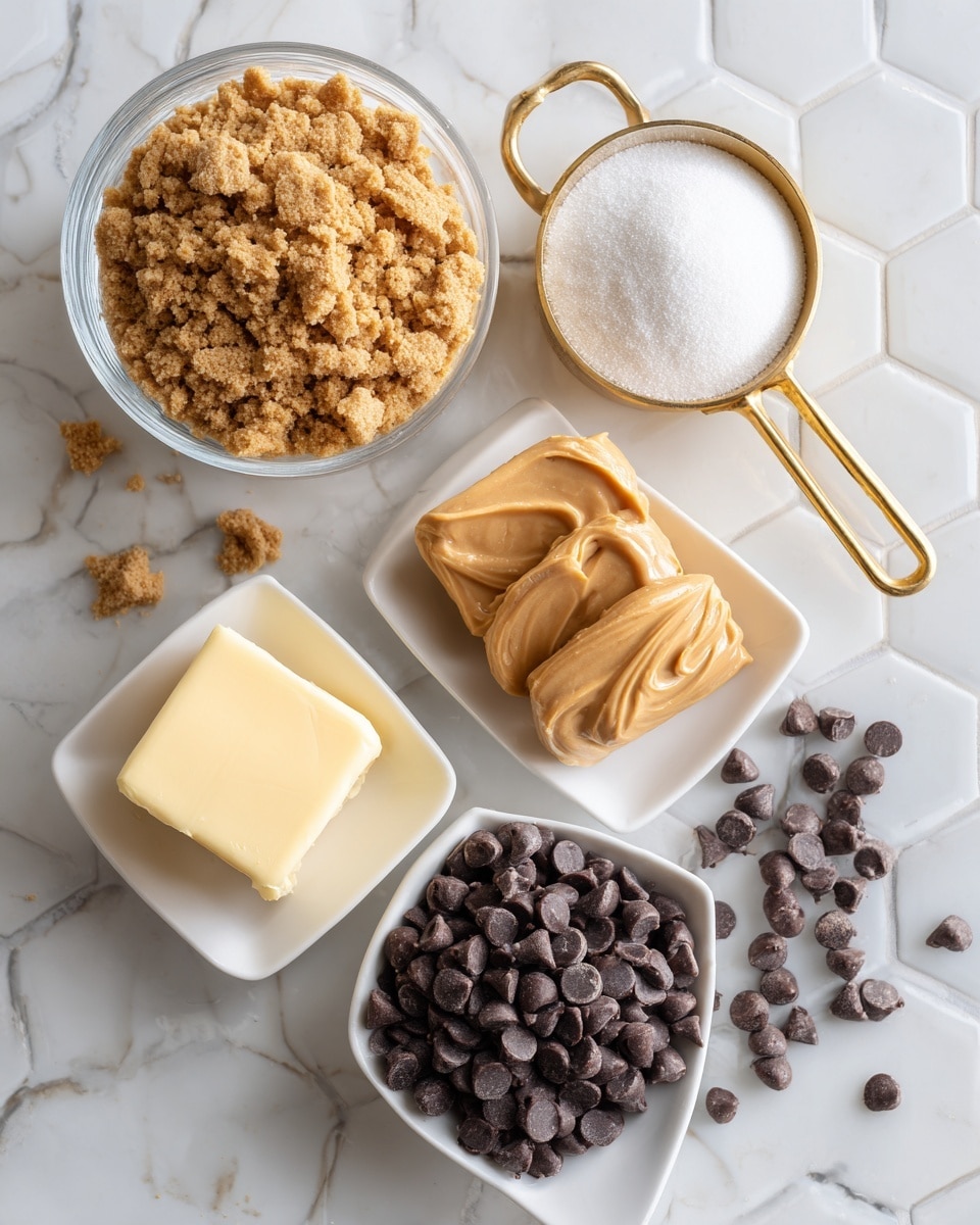 The image shows ingredients for a sweet treat set on a white marbled surface with a hexagon tile pattern. In the top left is a clear glass measuring cup filled with crushed graham crackers, light brown in color. Next to it on the right is a gold metal measuring cup filled with fine, white powdered sugar. Below the graham crackers is a small white dish holding a square piece of pale yellow unsalted butter, and to the right of that is a longer white dish with two thicker slices of the same butter. Next to the powdered sugar is a second gold metal measuring cup containing creamy peanut butter in a smooth, light brown swirl. Scattered dark semi-sweet chocolate chips lead down to a full white bowl overflowing with more chocolate chips. Each ingredient is clearly separated and labeled with simple black and white text. Photo taken with an iphone --ar 4:5 --v 7