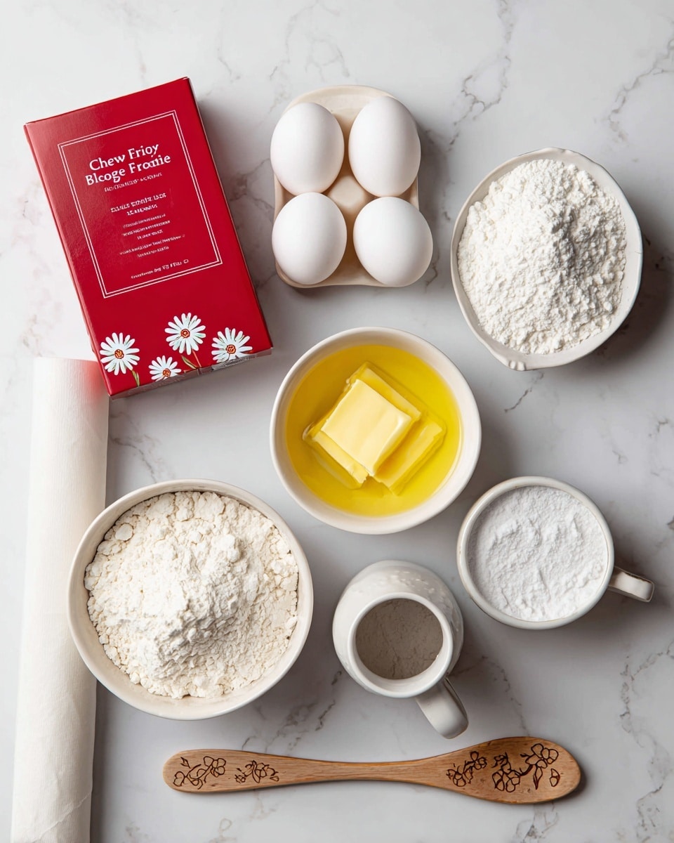 The image shows a top view of baking ingredients arranged neatly on a white marbled surface. On the left, there is a red box labeled