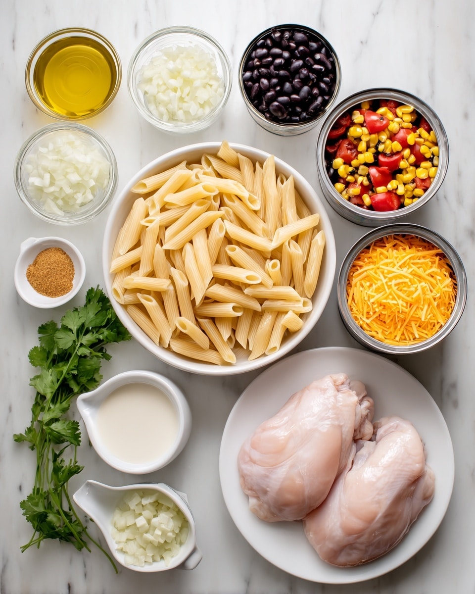 The image shows several ingredients arranged on a white marbled surface. At the center right, two raw chicken pieces lie on a white plate. Below the chicken, a white bowl is filled with uncooked penne pasta, showing a pale yellow color and smooth texture. To the right of the pasta, a white measuring cup holds bright orange shredded cheddar cheese. Above that, a small white bowl contains chopped garlic. To the left of the pasta, another small white bowl has finely diced white onions. Above these ingredients is a small white dish with golden taco seasoning powder. At the top right, three cans are open showing black beans, yellow corn, and red diced tomatoes. On the top left sits a clear container with light golden olive oil, and below it is a white measuring cup filled with heavy cream. Some green cilantro leaves are placed near the cheddar cheese. All items are neatly spread out on the smooth white marbled surface. Photo taken with an iphone --ar 4:5 --v 7