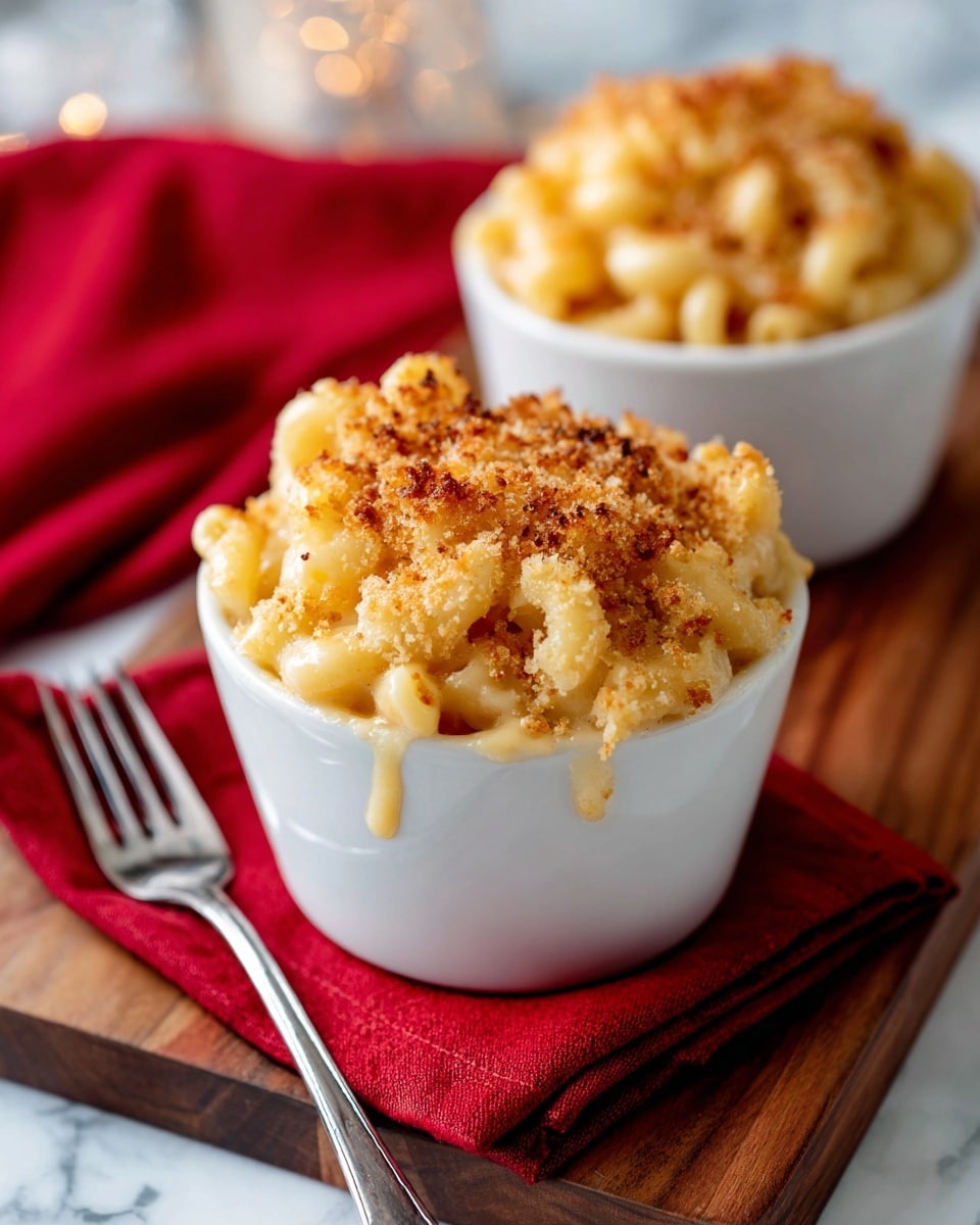 The image shows a small white round bowl filled with golden macaroni and cheese, topped with a crispy golden breadcrumb layer that slightly overflows and drips down the side of the bowl. The bowl sits on a red cloth napkin, which is placed on a square wooden board. Next to the bowl, on the wooden board, lies a silver fork. The surface under the board is a white marbled texture. In the background, there is another identical bowl of macaroni and cheese, slightly out of focus. Photo taken with an iphone --ar 4:5 --v 7