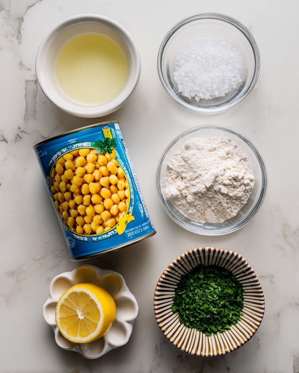 The image shows six items on a white marbled surface arranged neatly: at the center is a blue and yellow can of chickpeas with bright yellow chickpeas pictured on the label; above it are two small bowls – one white bowl filled with a pale yellow liquid on the left, and a clear glass bowl with white salt crystals on the right; to the left of the can is a half lemon with a bright yellow, juicy interior; to the right is a small white flower-shaped bowl holding white flour; and below the can is a white bowl with a brown striped pattern filled with finely chopped green herbs. Photo taken with an iphone --ar 4:5 --v 7