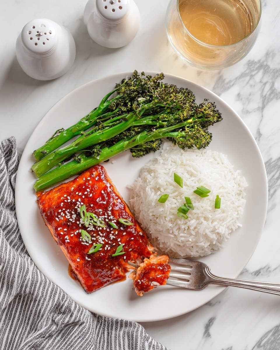 The image shows a white plate with three main parts: on the right side, there is a mound of white rice with a few green onion pieces on top; at the top left, there are several bright green broccolini stalks, slightly charred and shiny; at the bottom left, a thick piece of salmon covered in a shiny red sauce with sesame seeds and green onion slices sprinkled on top. A silver fork with a piece of salmon on it is placed diagonally on the plate. The plate is on a white marbled surface with two white salt and pepper shakers and a glass of light golden liquid near the top. A striped gray and white cloth is at the left bottom corner. photo taken with an iphone --ar 4:5 --v 7