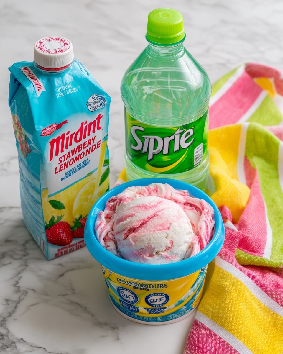 The image shows three items arranged on a white marbled surface: a light blue carton of Minute Maid Strawberry Lemonade with a white cap and red detailing at the top, a large clear plastic bottle of Sprite lemon-lime soda with a green and white label behind it, and in front, a tub of Kroger Deluxe Strawberry Surf ice cream with a bright blue lid and a colorful circular pattern on top, the tub itself featuring a pink strawberry ice cream design with swirls and chunks. A colorful striped cloth with yellow, green, pink, and orange stripes sits to the right side of the tub. Photo taken with an iphone --ar 4:5 --v 7