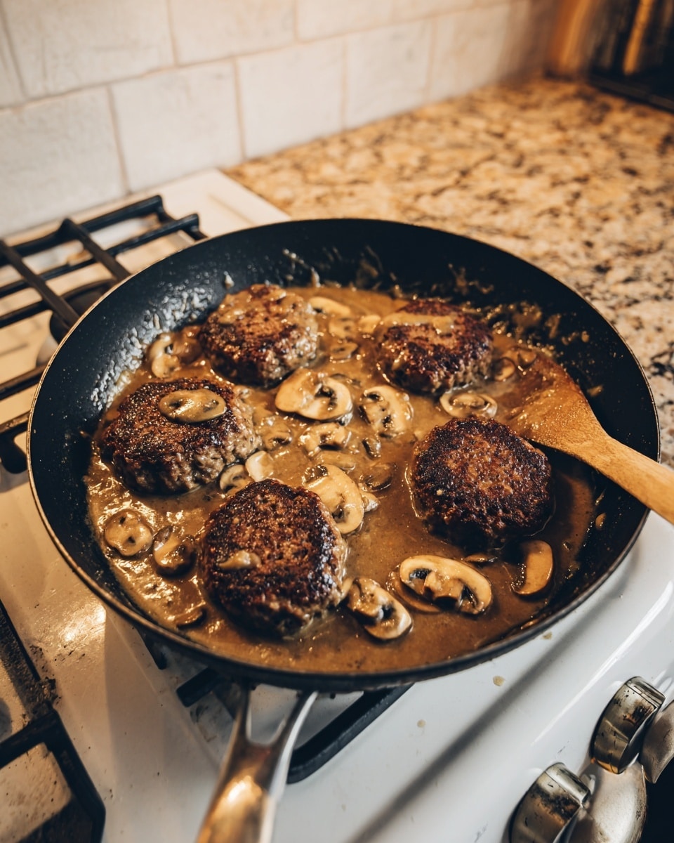 A black frying pan sits on a stove with a white marbled surface, holding four browned patties partially covered in a thick brown mushroom sauce. The patties are round with a dark, crispy outer layer, and the sauce is dotted with sliced light brown mushrooms, filling the pan around and between the patties. A wooden spoon rests inside the pan on the right side. The background shows white tiled walls and a granite countertop with warm tones. photo taken with an iphone --ar 4:5 --v 7