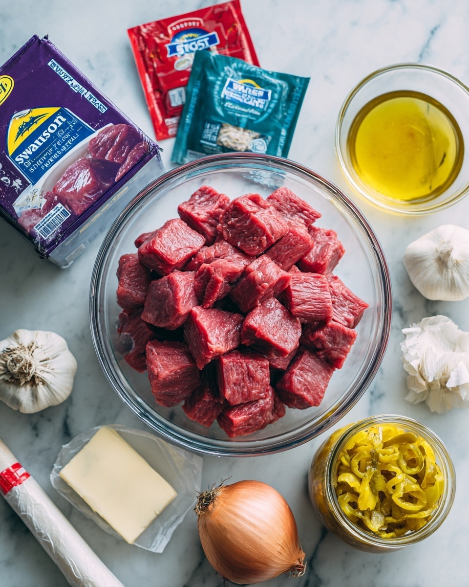 The image shows several raw food ingredients placed on a white marbled surface. In the center, there is a clear glass bowl filled with many medium-sized chunks of red raw beef. To the left of the bowl, there is a purple carton of Swanson beef broth and above it, two seasoning mix packets, one red and one blue-green. To the right of the bowl, there is a whole onion, a small white garlic bulb, a stick of butter wrapped in paper, a clear glass bowl with yellow olive oil, and a jar filled with yellow sliced golden Greek pepperoncini with a red lid. The overall colors are bright and the textures of the fresh ingredients are clear. Photo taken with an iphone --ar 4:5 --v 7