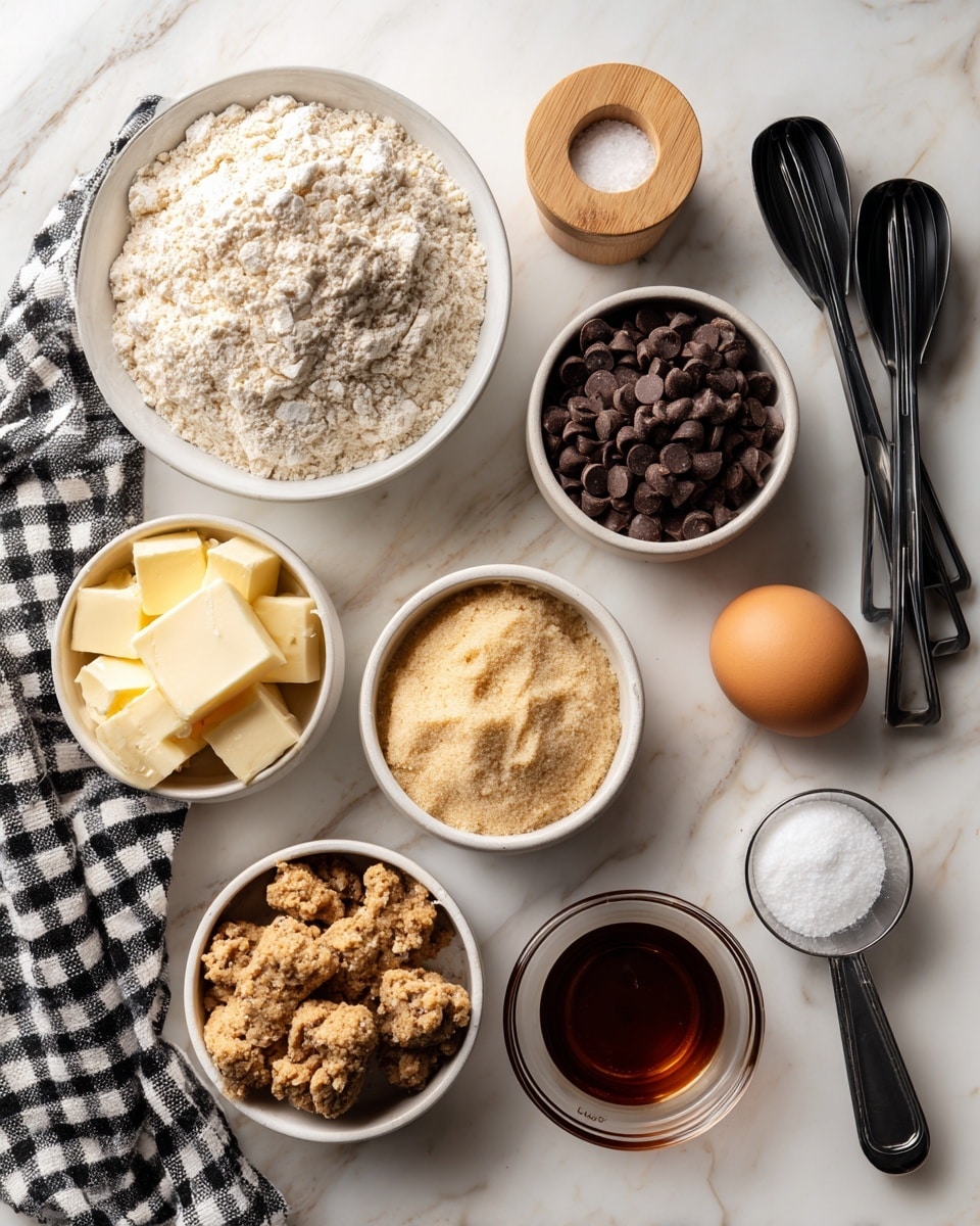 A top view of seven white bowls and small glass containers arranged on a white marbled surface, each filled with a different baking ingredient: 1 cup of light brown flour with some chunks, 1 cup of dark brown chocolate chips, 1/2 cup of soft light yellow butter, 1/2 cup of crumbly brown sugar, 1/3 cup of light tan granulated sugar, a whole brown egg in a small clear glass bowl, and 1 teaspoon of dark amber vanilla in a small clear glass bowl. A small white container with a wooden lid holds white salt next to a black measuring spoon with salt inside. Black measuring spoons are stacked near the top right. A black and white checkered cloth lies beneath part of the bowls on the bottom left. Photo taken with an iphone --ar 4:5 --v 7
