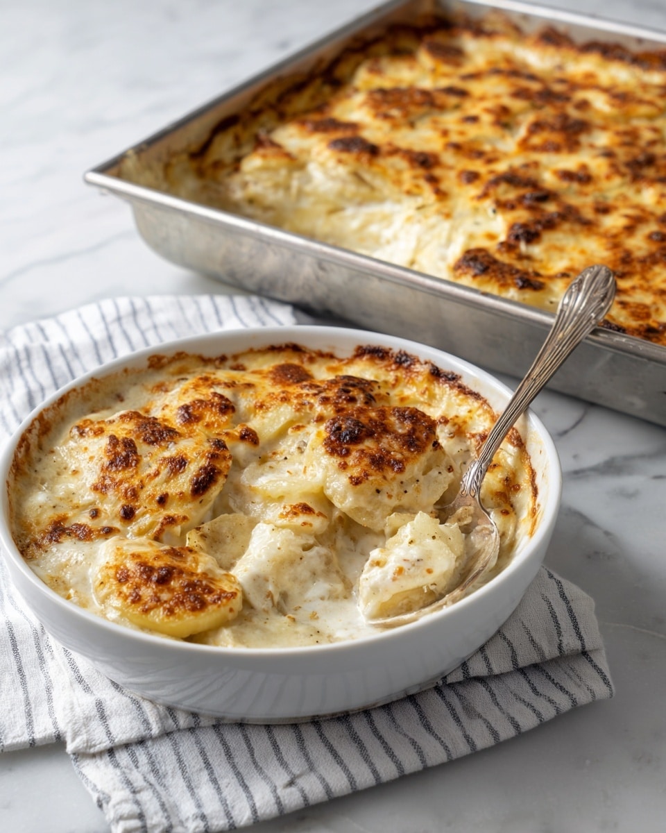 The image shows a white bowl filled with a creamy, baked dish that has a golden-brown cheese crust on top. The dish inside the bowl appears soft and slightly chunky with a mix of white and light yellow shades, and there are small browned spots on the surface. Next to the bowl, there is an aluminum tray containing the same baked dish with a similar bubbly golden top layer. A spoon rests inside the bowl, ready for serving, and the bowl and tray are placed on a white and gray striped cloth on a white marbled surface. photo taken with an iphone --ar 4:5 --v 7