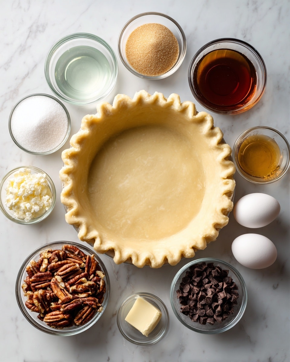 A round pie crust is placed in the center of the image, with a slightly crimped edge and smooth light beige dough. Surrounding the pie crust in a circle are nine small glass bowls, each holding different ingredients: clear liquid in the top left, white granulated sugar top center, light brown sugar top right, dark golden syrup middle right, chopped pecans bottom right, dark chocolate chips bottom center right, a small bowl of salt bottom center left, melted butter bottom left, and three whole white eggs bottom far left. All items rest on a white marbled surface. photo taken with an iphone --ar 4:5 --v 7
