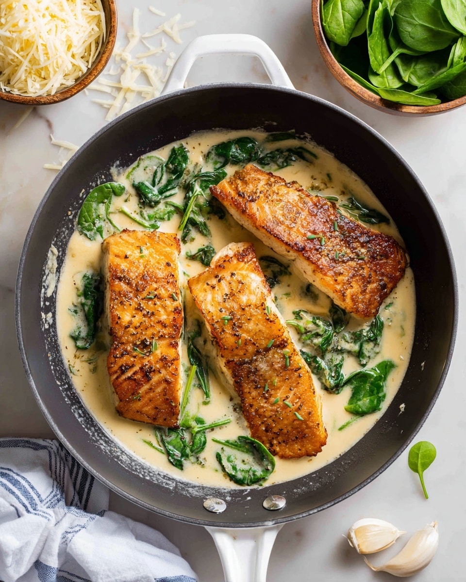 A round black pan with a white handle holds three pieces of browned fish with crispy skin on top, each piece different in size, resting in a light beige creamy sauce. Bright green spinach leaves are scattered under and around the fish pieces, adding fresh color. The pan sits on a white marbled surface with some garlic cloves and shredded cheese nearby, and a small bowl filled with fresh spinach leaves is placed in the upper right corner. A white cloth with blue stripes is partly visible at the bottom left corner. Photo taken with an iphone --ar 4:5 --v 7