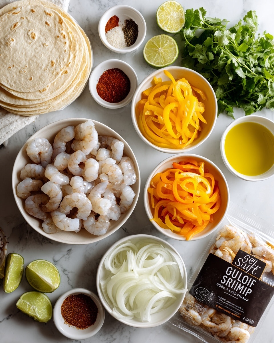 The image shows a white bowl filled with raw shrimp in the center, surrounded by several smaller white bowls containing thinly sliced yellow and orange bell peppers, sliced white onions, and an assortment of spices in red, brown, and light hues. Next to them are two small white bowls, one with bright yellow olive oil and another with pale yellow lime juice. On the left side, there are soft white tortillas stacked, fresh lime halves and slices, and a bunch of fresh green cilantro. Near the bottom right corner, a sealed package labeled