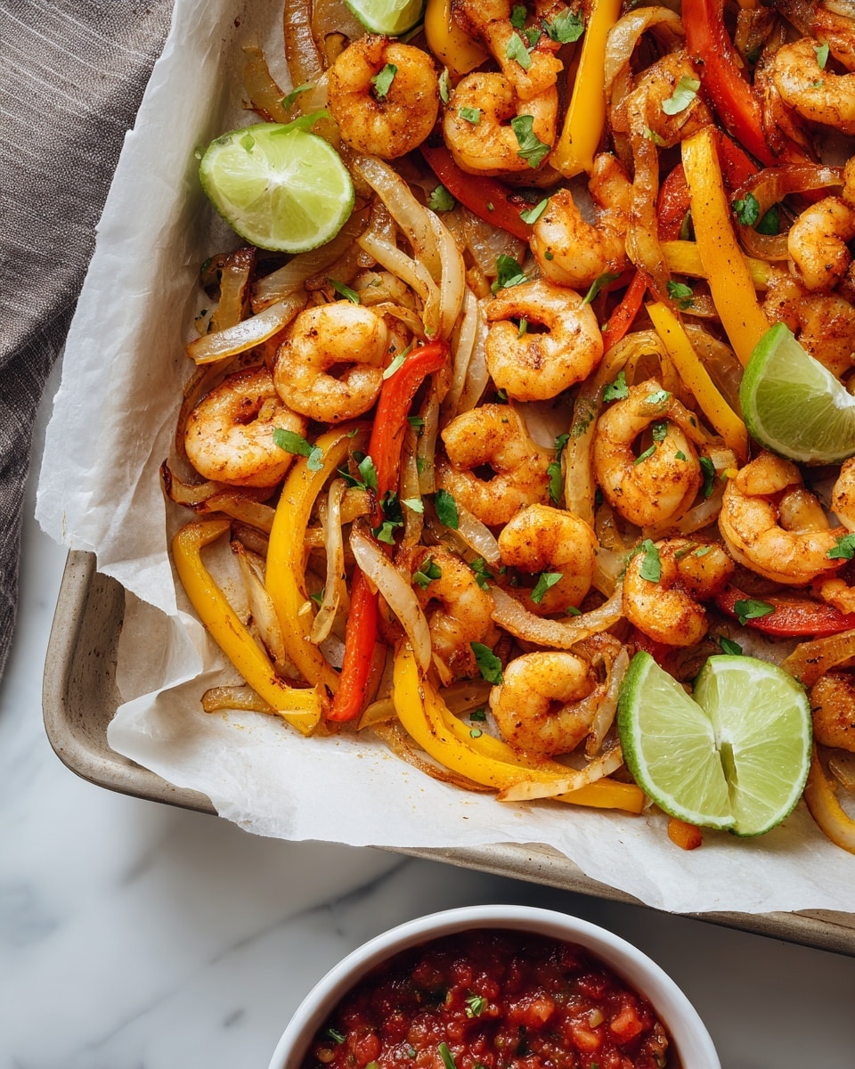 The image shows a close-up of a cooked shrimp and vegetable dish in a white baking dish lined with parchment paper, placed on a white marbled surface. The dish has three main visible layers: the first layer consists of lightly browned onions cut into thin strips with a slightly translucent texture; the second layer has bright yellow bell pepper strips that look tender with a slight char; and the third layer is made of small, light orange shrimp with a slightly spiced coating, mixed evenly throughout the onions and peppers. There are small green herb pieces scattered over the food, adding a touch of freshness. Two lime wedges placed on top show a bright green and juicy texture. On the bottom right corner, a partial view of a white bowl filled with a chunky red salsa is visible. Photo taken with an iphone --ar 4:5 --v 7