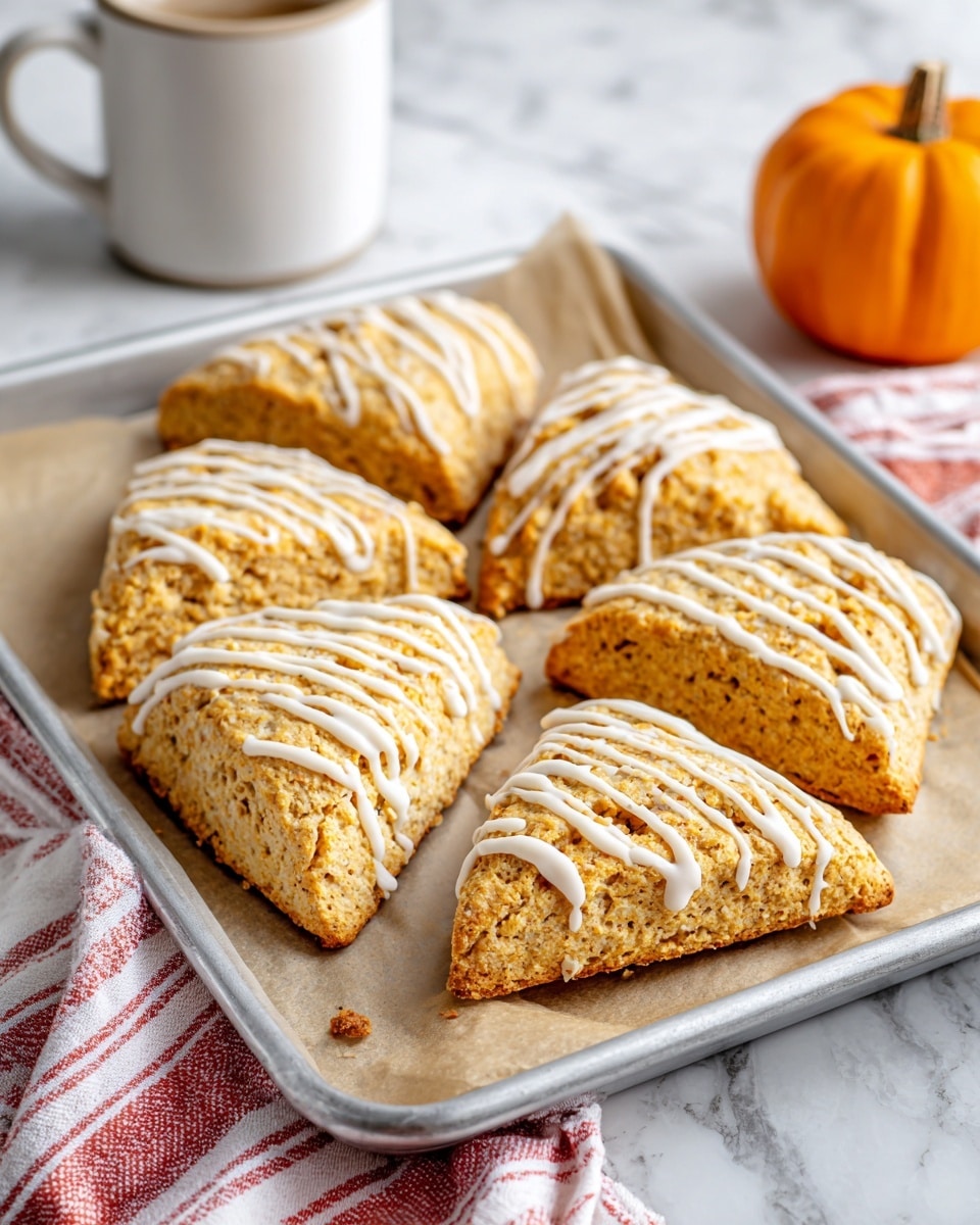 The image shows eight triangular and rectangular scones arranged on a light brown parchment paper that lines a silver baking tray. The scones are golden-brown with a slightly rough texture and are drizzled with thin white icing in irregular lines across the top of each scone. The tray is placed on a white marbled surface with a red and white striped cloth next to it. In the background, there is an orange pumpkin and a white cup. The scene looks bright and cozy. photo taken with an iphone --ar 4:5 --v 7