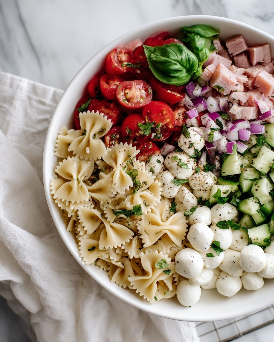 A white bowl filled with a pasta salad featuring three main layers: the bottom layer has bowtie-shaped pasta in a light beige color with a smooth texture, the middle layer includes small white round mozzarella balls scattered evenly, and the top layer is mixed diced red tomatoes, green cucumber slices, chopped cooked ham pieces, finely chopped red onions, and fresh basil leaves, all lightly coated with a seasoning of black pepper and herbs. The bowl is placed on a white marbled surface with a soft white cloth and a wire rack nearby. The photo taken with an iphone --ar 4:5 --v 7