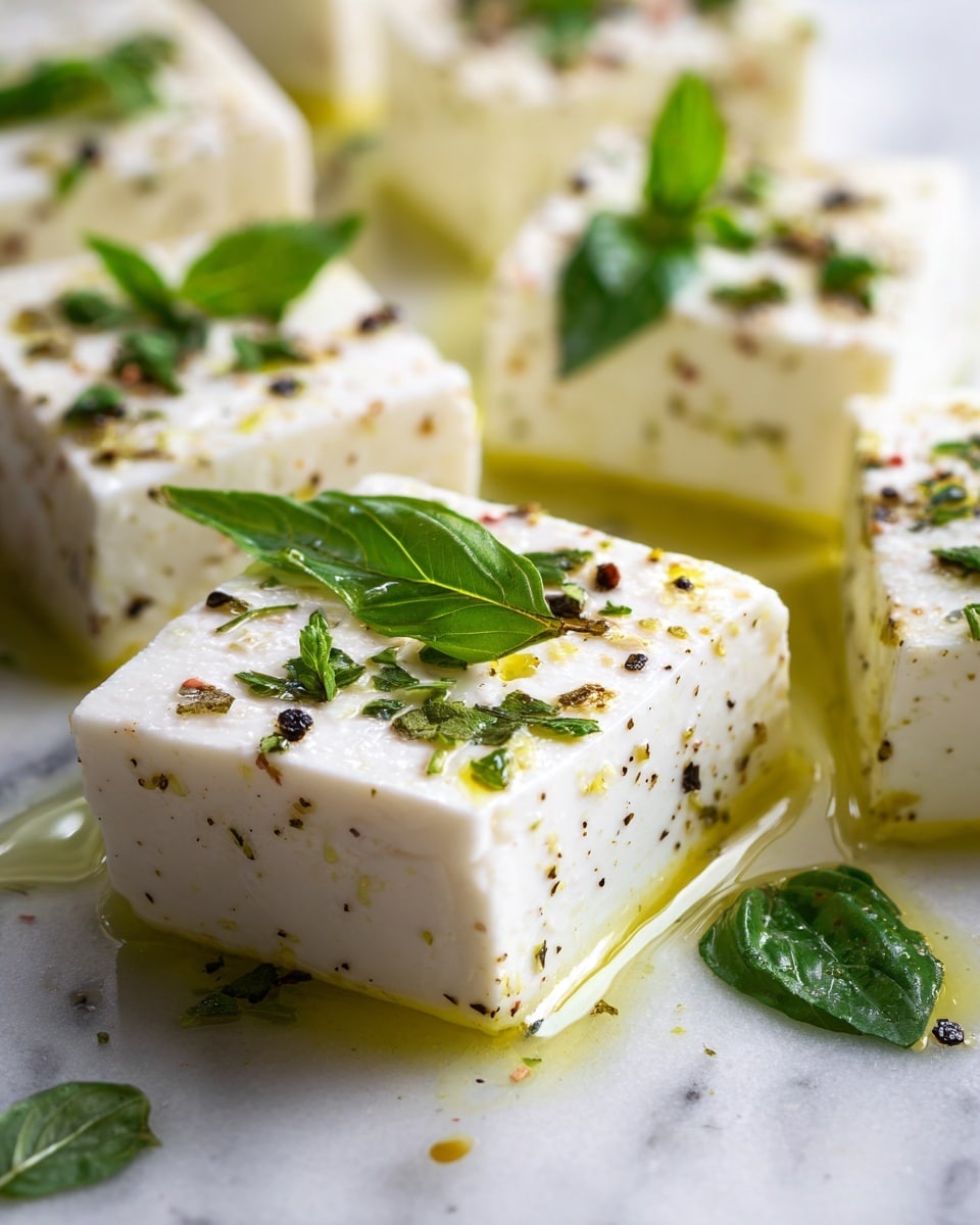 The image shows several white cheese slices floating in golden oil on a white marbled surface. Each cheese piece is topped with thin, bright green basil leaves and small green herbs, adding fresh color and texture. Some pieces have visible black pepper bits on them, giving a hint of seasoning. The oil around the cheese is shiny and clear, contrasting with the smooth, soft texture of the cheese and the leafy greens. The focus is tight, making the details of the cheese and herbs clear and inviting. photo taken with an iphone --ar 4:5 --v 7