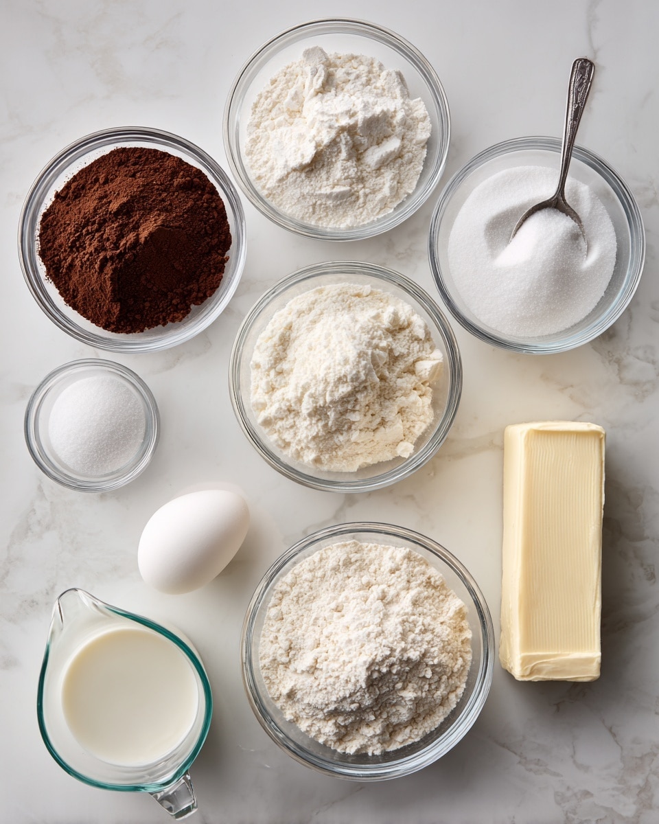 The image shows eight small clear glass bowls and one glass measuring cup arranged on a white marbled surface. Each container holds a different ingredient: espresso powder is dark brown and powdery in the top left bowl; baking powder is white and powdery in the top middle bowl; salt is white and granular in the top right bowl; sugar is white and granulated in the middle left bowl; an egg, white with a smooth shell, sits in the bottom left bowl; milk fills the glass measuring cup in the center and appears white and liquid; all purpose flour is off-white and powdery in the bottom middle bowl; powdered sugar is bright white and powdery in the middle right bowl; unsalted butter is a pale yellow solid rectangle resting next to the bowls with a silver ice cream scoop beside it. Everything is neatly spaced and labeled with clear black text on white tags. Photo taken with an iphone --ar 4:5 --v 7