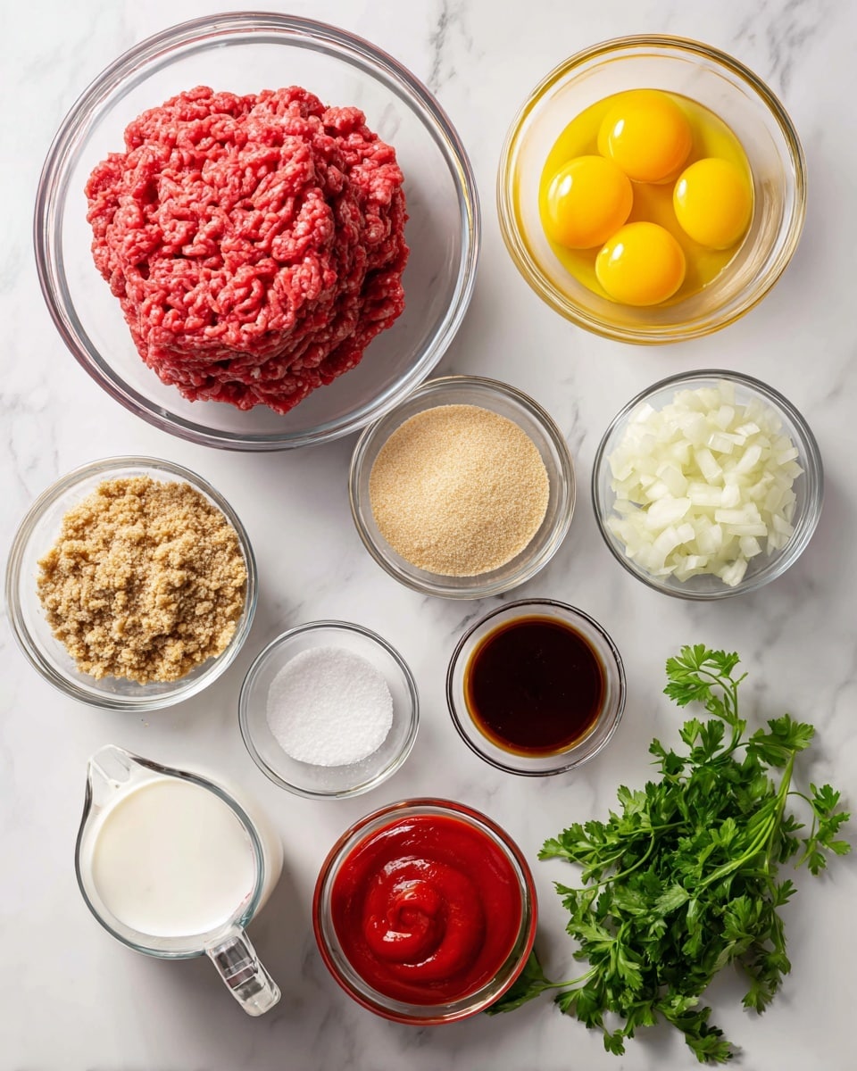 A top-down view of nine separate clear glass bowls and a small measuring cup with different ingredients arranged on a white marbled surface. At the top left, a large bowl with two thick layers of raw red ground beef stacked. Next to it on the right, a small bowl with smooth, bright yellow beaten eggs. Below the eggs, a medium bowl containing small white onion pieces. Below the large bowl of beef in the center, a medium bowl filled with fine, light tan breadcrumbs. To the left, a smaller bowl with a mix of brown and beige Lipton French onion soup mix. Below this, a small bowl of light brown soft brown sugar. At the bottom left, a small clear measuring cup filled with creamy white milk. To the right of the breadcrumbs, there is a small bowl filled with thick bright red ketchup. Below the ketchup, a smaller bowl with a darker red sauce. Near the bottom center, a very small bowl with dark brown Worcestershire sauce. At the bottom right corner, a bunch of fresh bright green parsley leaves spread casually on the white marbled surface. The photo taken with an iphone --ar 4:5 --v 7