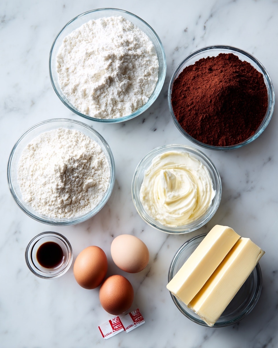 The image shows a white marbled surface with five small clear glass bowls arranged loosely. One bowl contains two eggs, another bowl is filled with white flour, a third bowl holds a white creamy substance. A fourth bowl has a dark brown powder, likely cocoa, and two sticks of butter with red labels rest beside the bowls. A small amount of dark brown vanilla extract is placed near the eggs. The scene has a clean and bright look. Photo taken with an iphone --ar 4:5 --v 7