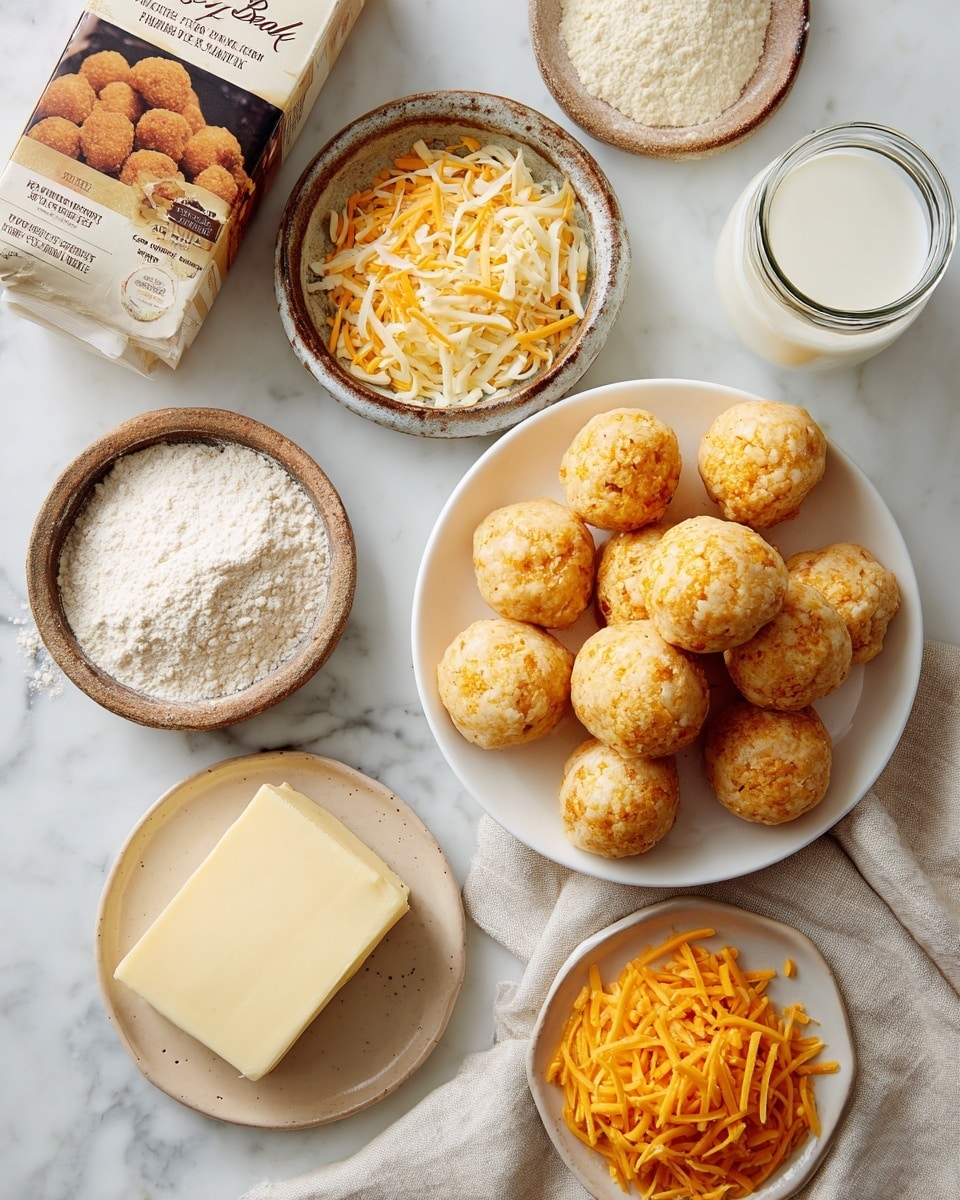 The image shows several small white bowls and a white plate arranged on a white marbled surface, each holding different cooking ingredients. On the top right, a white bowl is filled with round, golden brown dough balls that have a textured, crumbly surface. Below, a glass jar with milk sits on a light beige cloth beside the dough balls. In the center, a white plate holds a mix of finely shredded yellow and white cheese. To the left, a rustic bowl contains white flour, and next to it, another bowl holds a pile of white powdery ingredient. At the bottom right, a small white bowl is filled with bright orange shredded cheese. On the bottom left, a small beige plate displays a large block of pale butter. In the top left corner, a pack labeled