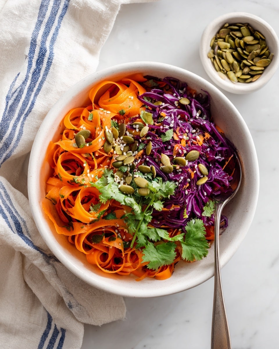 A white bowl holds a colorful salad with three main layers. The bottom layer is thin ribbons of bright orange carrot, smooth and wide. The middle layer has shredded deep purple cabbage, adding a crunchy texture and bright color contrast. The top layer is sprinkled with green pumpkin seeds, small white sesame seeds, and fresh green cilantro leaves scattered on top for garnish. A silver spoon rests inside the bowl on the right side. The bowl sits on a white marbled surface, with a small white bowl of pumpkin seeds visible in the background, and a white cloth with blue stripes draped nearby. Photo taken with an iphone --ar 4:5 --v 7