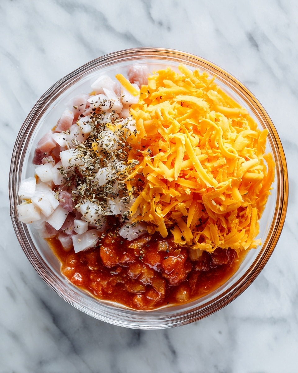 A clear glass bowl sits on a white marbled surface, filled with four distinct layers. The bottom layer is a reddish sauce with visible chunks of tomato, positioned at the lower right quadrant inside the bowl. Next to the sauce, towards the left and middle, there is a layer of white diced cooked meat seasoned with black pepper and some herbs sprinkled on top. On the top right side of the bowl, a large heap of finely shredded bright orange cheese rests, creating a fluffy texture. The bowl is viewed from above, showing the clear separation between each ingredient layer photo taken with an iphone --ar 4:5 --v 7