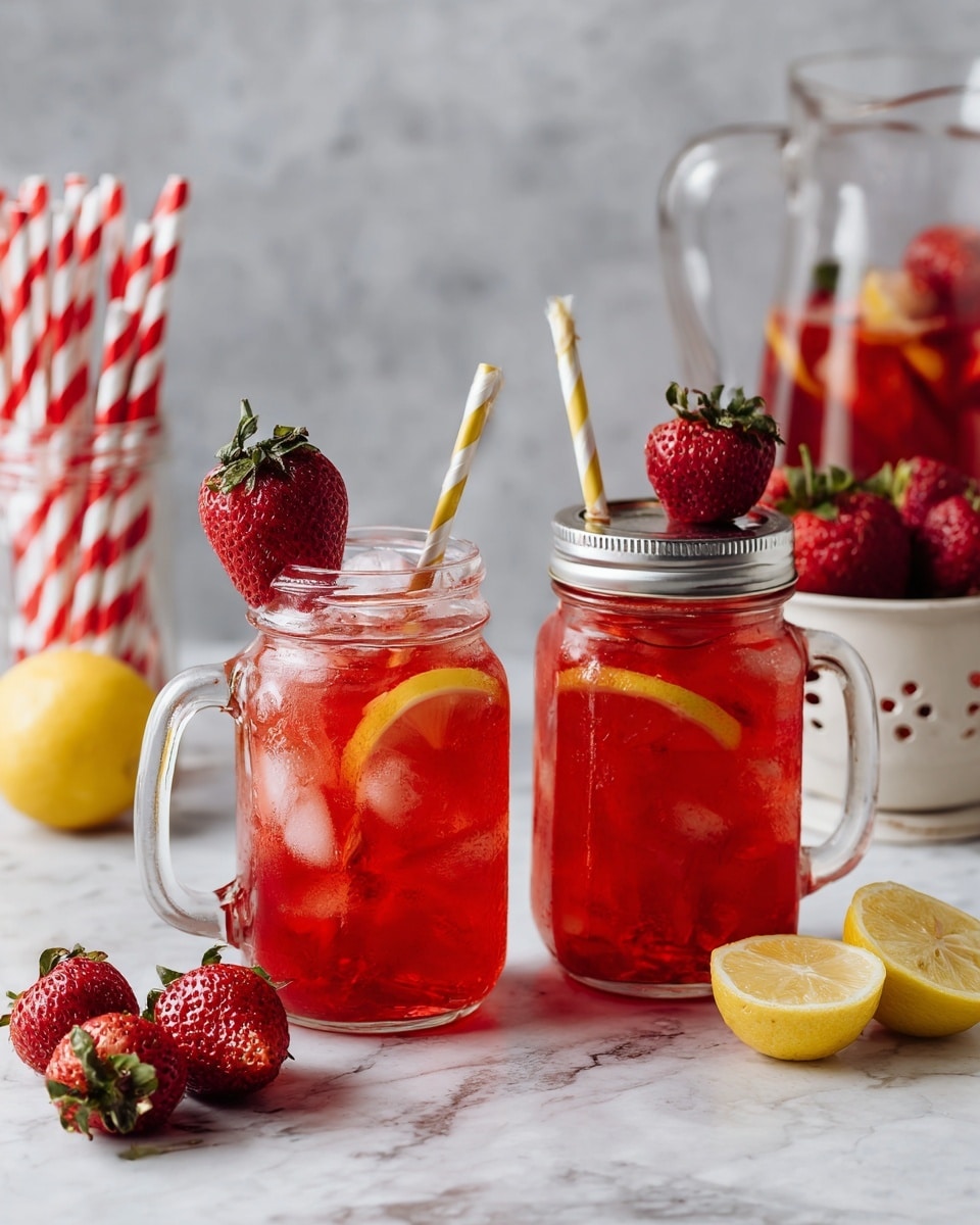 Two clear glass mason jars filled with red iced tea, each with a silver lid and a striped straw—one straw is yellow and white, the other red and white. Inside the jars are visible slices of yellow lemon. Each jar is topped with a fresh red strawberry hung on the rim. The jars sit on a white marbled surface. To the left, there is a glass jar filled with more striped straws. Fresh strawberries and lemon wedges are scattered in front of the jars. On the right, there is a white colander full of fresh strawberries, and behind it is a clear pitcher filled with the same red iced tea and lemon slices. Photo taken with an iphone --ar 4:5 --v 7