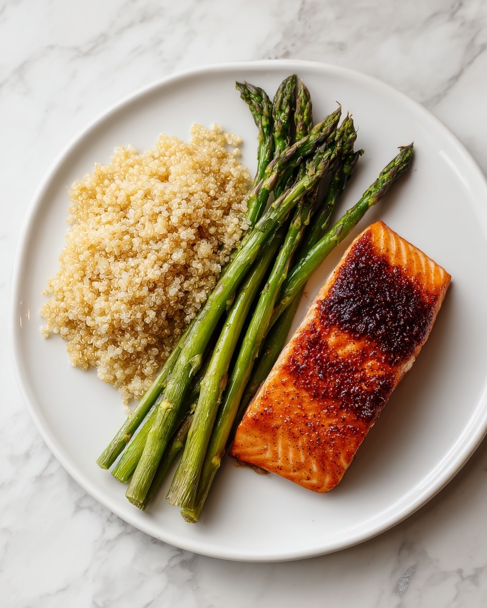 The image shows a white plate with three main parts arranged neatly. On the right side, there is a thick, golden-brown cooked fish piece with a crispy, dark brown top layer. Next to it, on the left, is a small mound of light beige quinoa with a soft, grainy texture. On top of the quinoa, a bunch of long green asparagus stalks are placed, showing a fresh, slightly glossy surface. The plate is set on a white marbled surface. photo taken with an iphone --ar 4:5 --v 7
